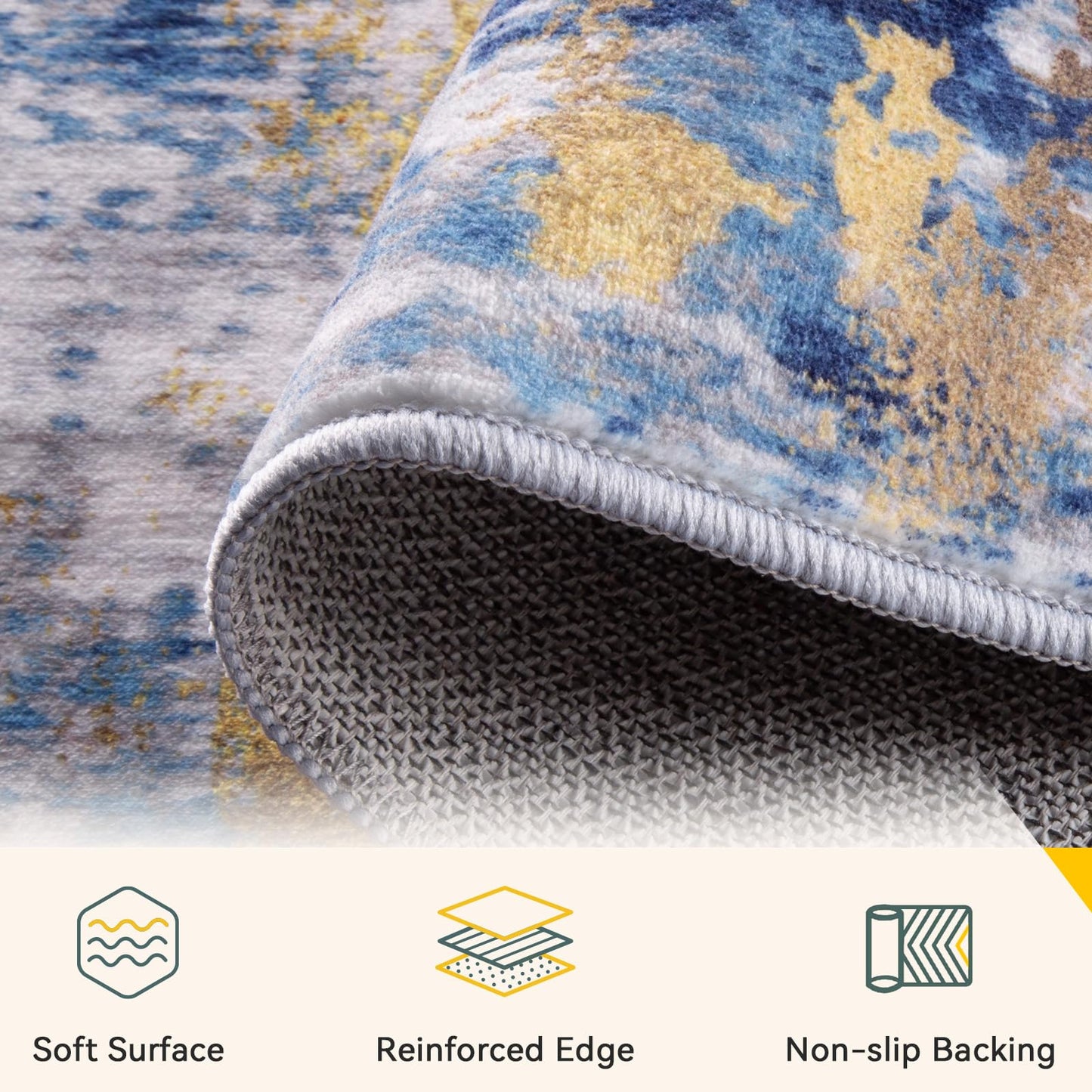 RELEANY Washable Area Rugs 5'x7' Non-Slip Modern Abstract Soft for Living Room Entryway Bedroom Nursery, Print Pattern, Grey Blue Gold/Golden