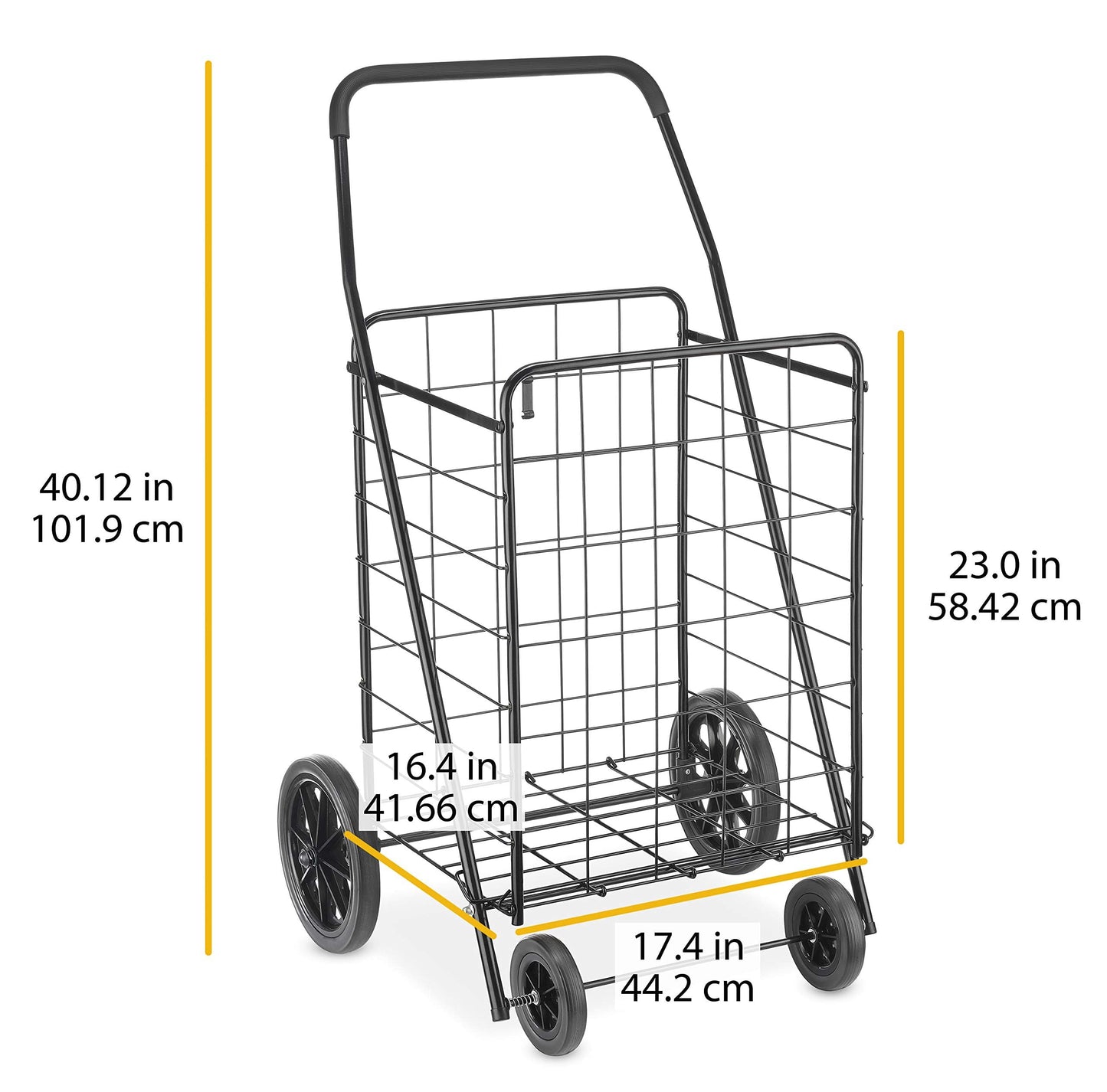 Whitmor Extra Large Utility Foldable Shopping Cart with Wheels, 100 Lb Capacity, Heavy Duty Grocery Cart with Steel Frame, Foam Handle, Rolling Collapsible Utility Trolley for Grocery, Laundry, Black