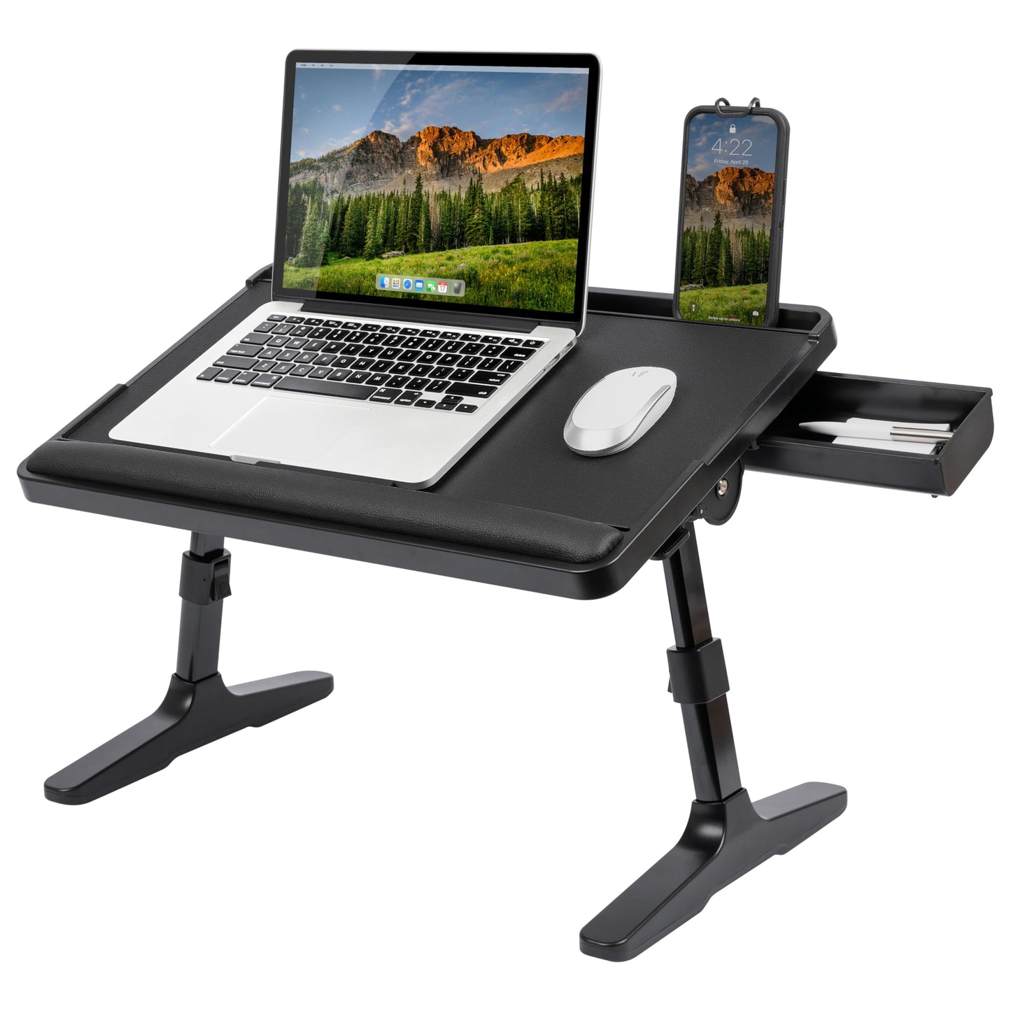 LAPGEAR Easy Tilt Leather Laptop Bed Desk with Adjustable Legs, Wrist Rest, Media Slot, and Built-in Storage - Black - Fits up to 17.3 Inch Laptops - Style No. 78508