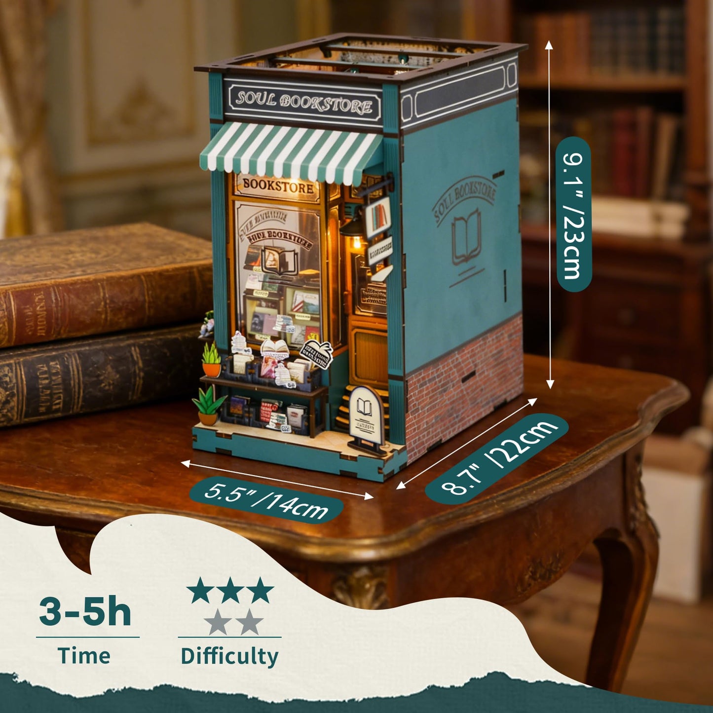 Soothee DIY Book Nook Kit with LED Lights - 3D Puzzles for Adults & Teens, Miniatures and Model Building Kits for Bookshelf Decor, Relaxing Craft & Unique Gift for Craft Lovers (Soul Bookstore)