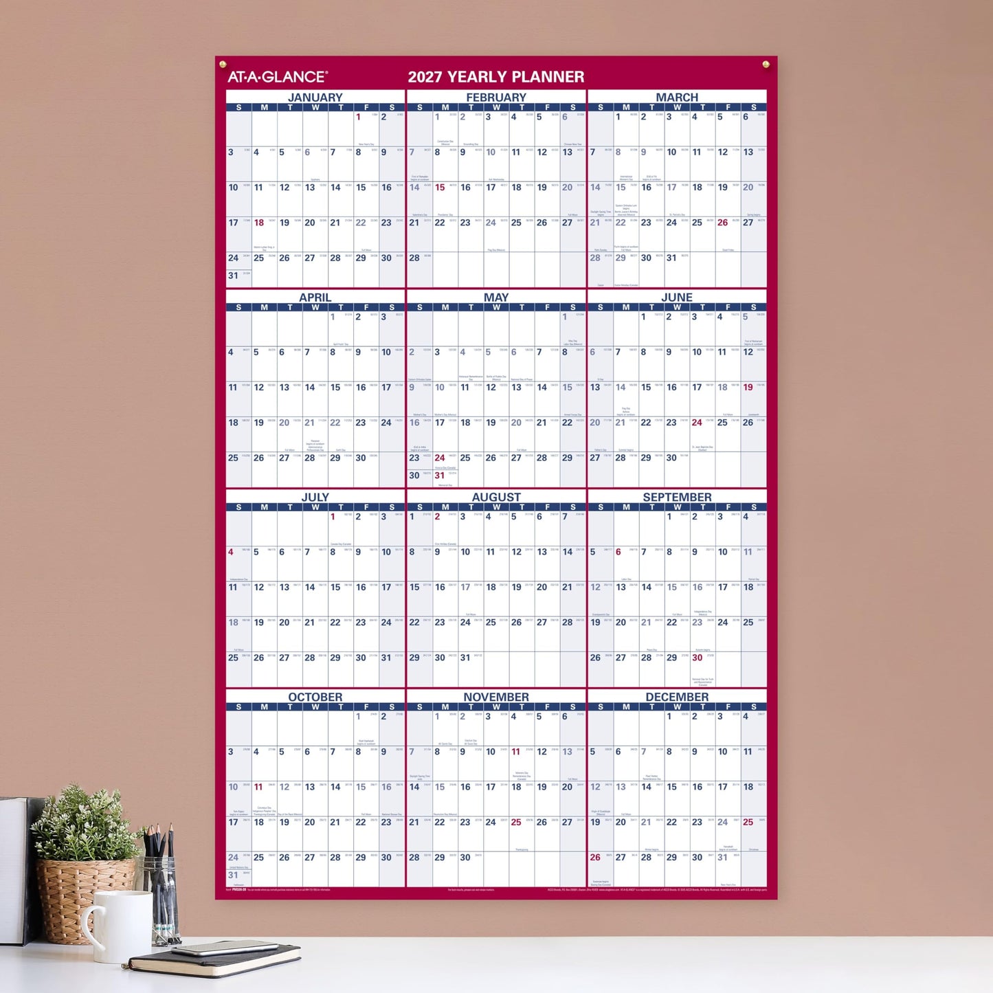 AT-A-GLANCE 2027 Erasable Calendar, Dry Erase Wall Planner, 48" x 32", Vertical-Horizontal, Reversible (PM3262827)
