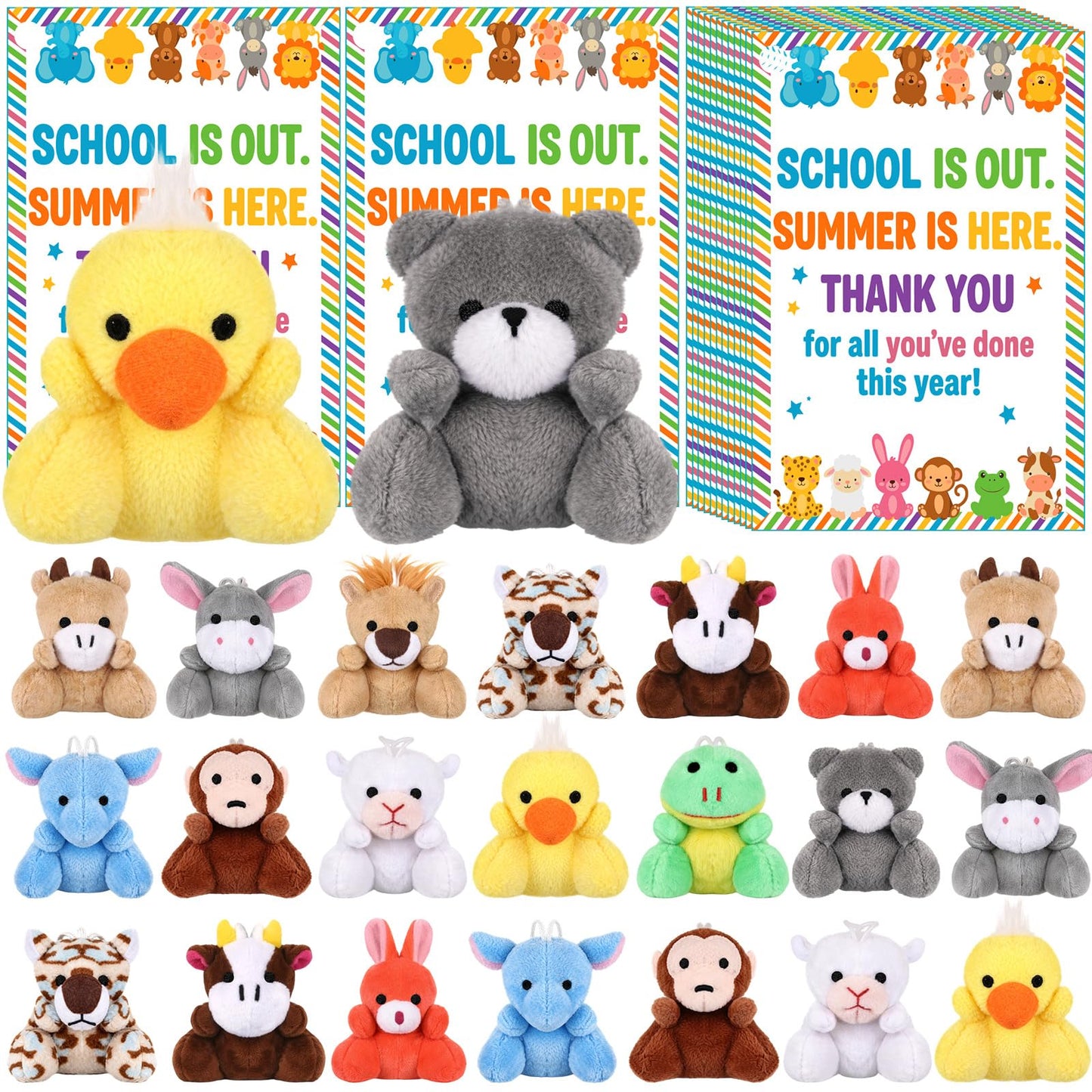 Roowest 24 Sets End of The Year Student Gifts Graduation Mini Stuffed Animal with Cards of 2026 Bulk Gifts from Teacher End of The Academic Year Party Decor(Cute)