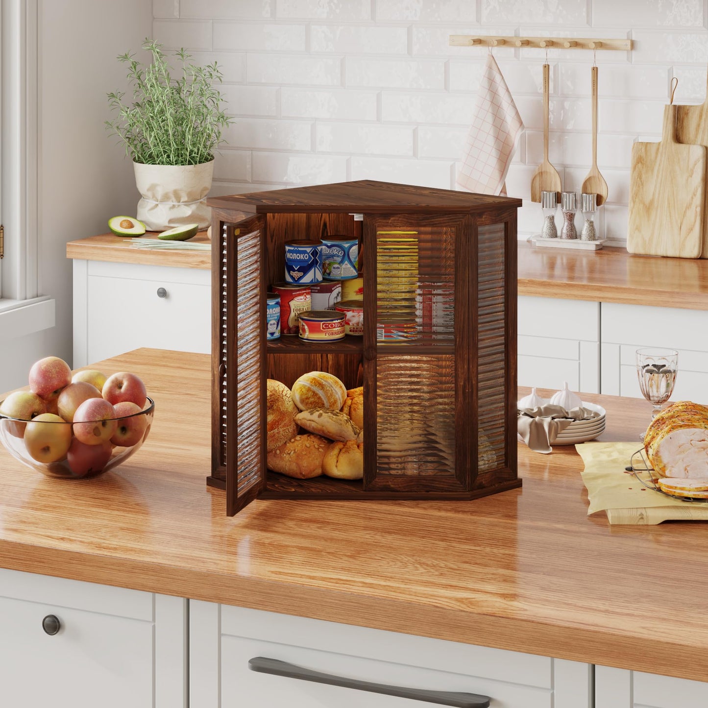 WouZglk Corner Bread Box for Kitchen Counter, 16.7 Inch Extra Large 2-Tier Farmhouse Bread Box with Natural Pine Wood Grain, Dual Wave Glass Doors and Adjustable Shelf(Pine Wood)