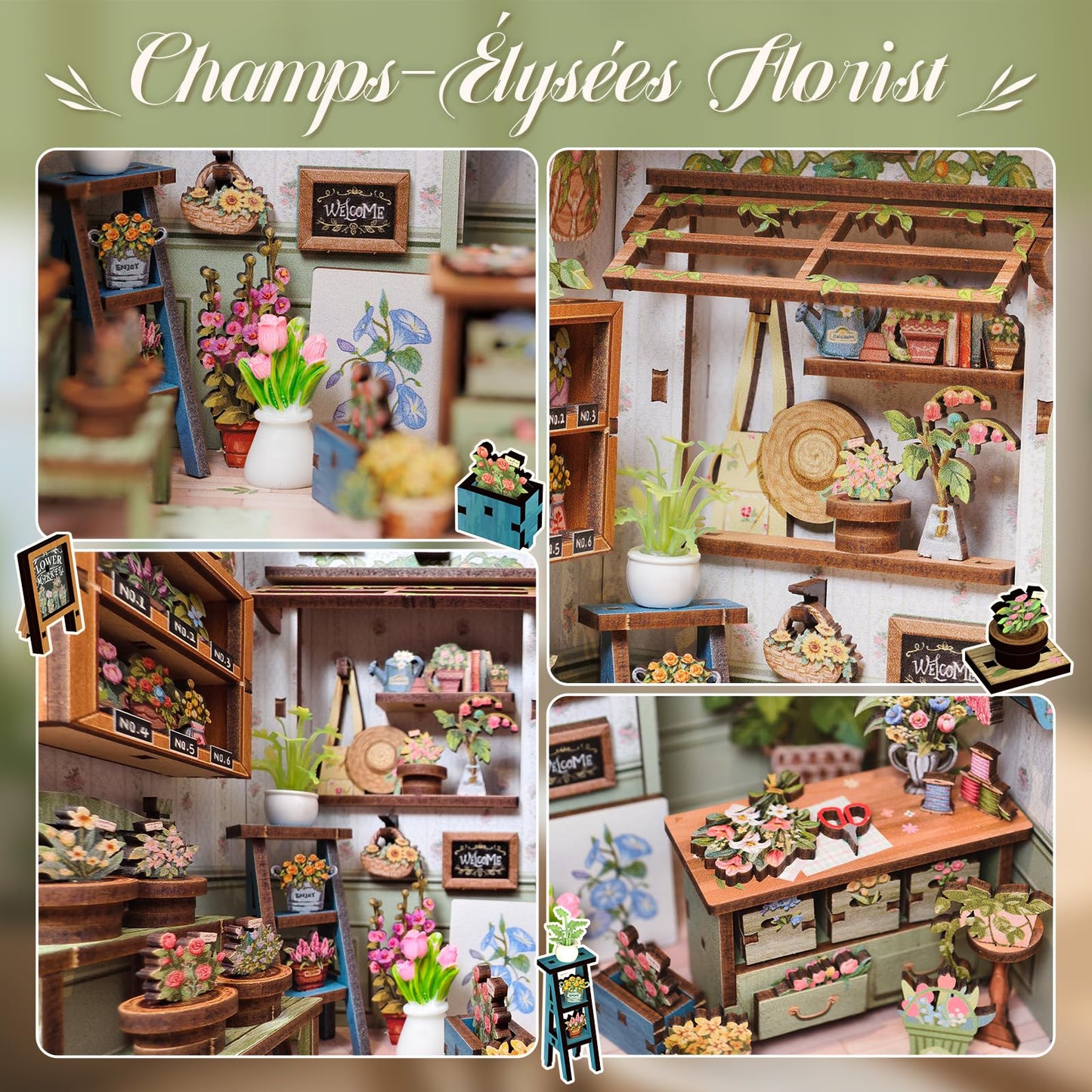 CUTEBEE Book Nook Kit - DIY Miniature House Dollhouse Kit for Adults and Teens, Booknook Tiny House Bookshelf 3D Wooden Puzzle, Gifts for Family (Champs-Élysées Florist)