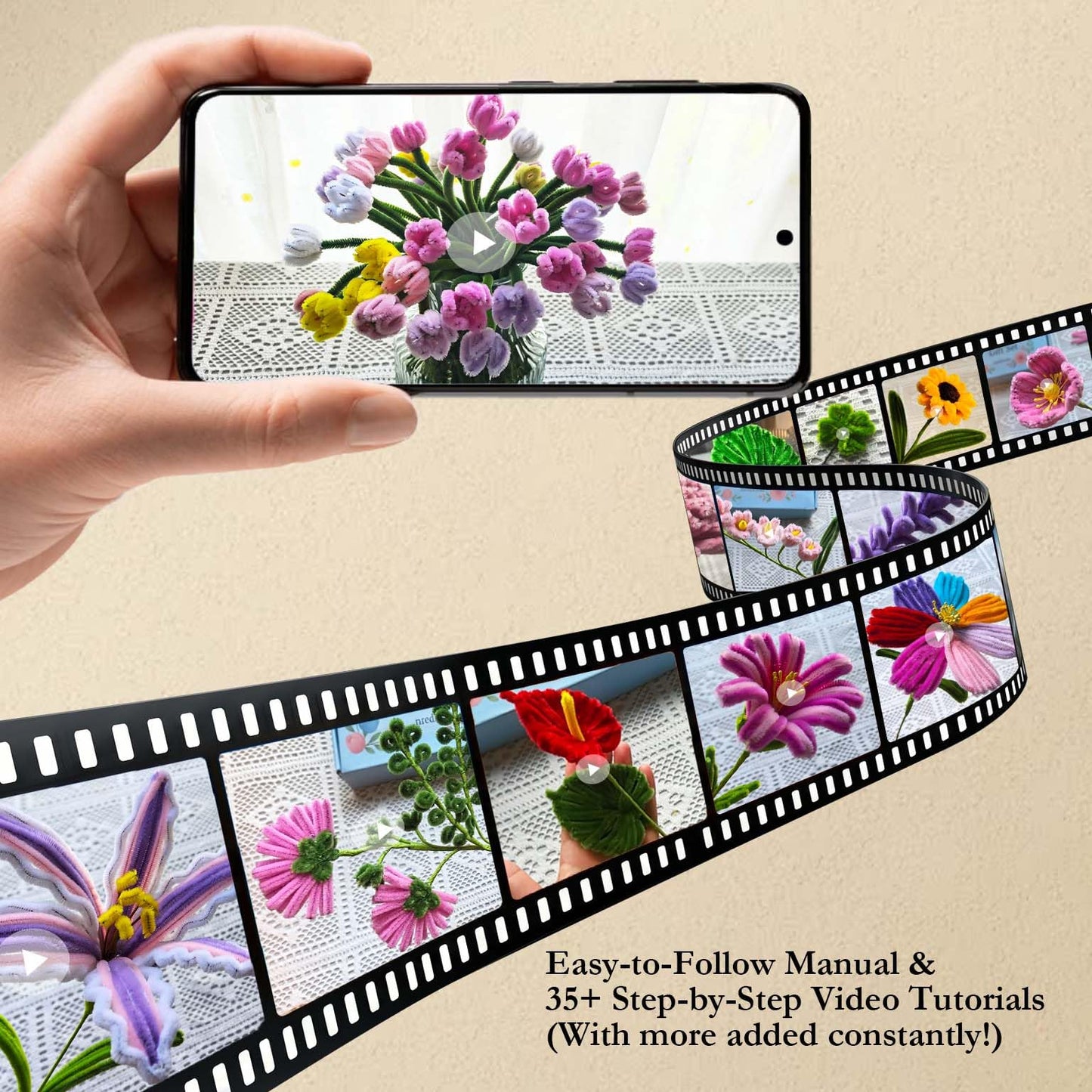 1200Pcs Pipe Cleaner Crafts Flower Kit with Glue Gun & Video Tutorial - 8mm Jumbo Shed-Free Chenille Stems DIY Bouquet Gift Box for Women,Teens,Teachers - Stress Relief,Bonding Time,Art Supplies