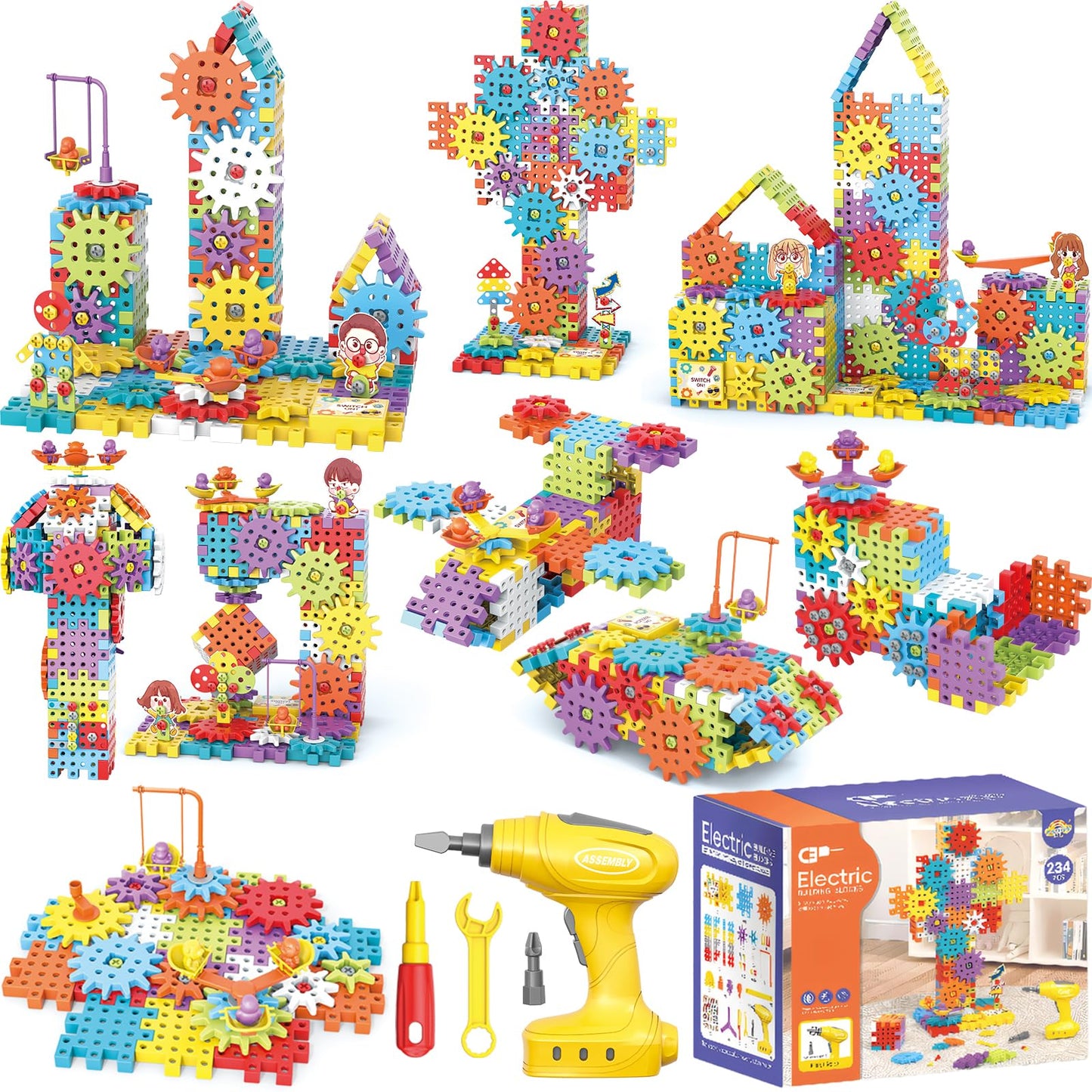 CZOALX Montessori Electric Gear Building Blocks Toys, Kids Tool Set - 234 Pcs Design and Drill Toddler Screws Toy, STEM Educational Construction Toy for Boys Girls Gift Ages 3-5