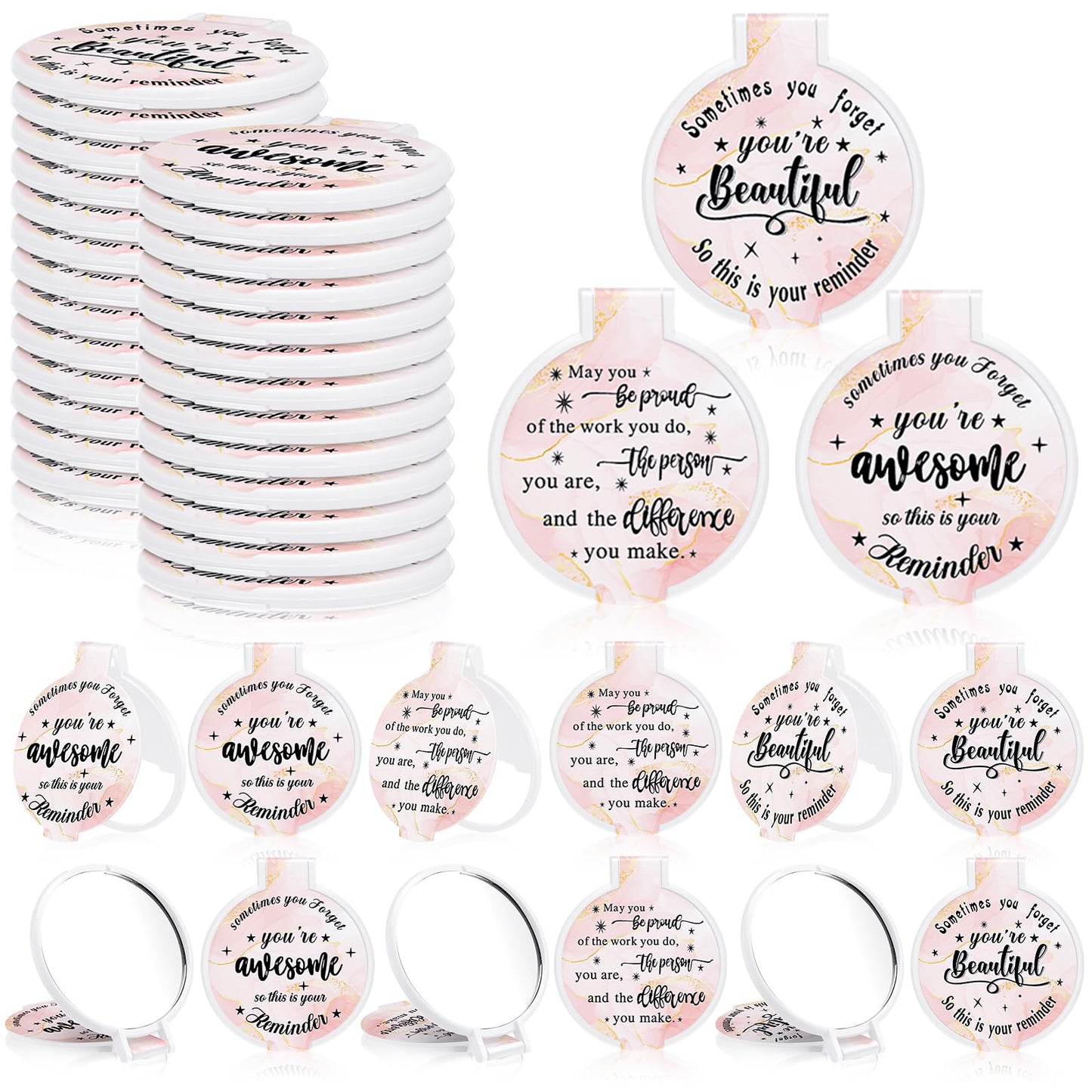 Wenqik 100 Pcs Compact Mirror Bulk Pink Gifts for Women Valentine Small Inspirational Pocket Purse Handheld Mirror Portable Round Makeup Folding Appreciation Gift for Christmas Daily Travel Coworker