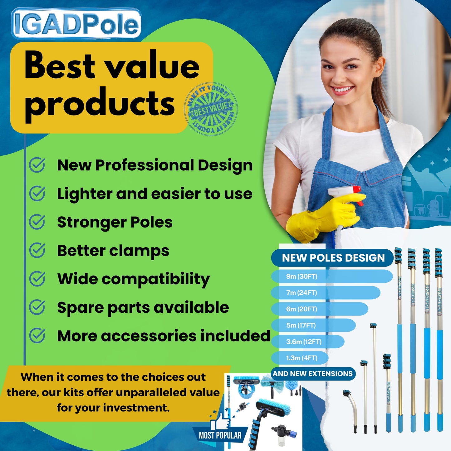 26ft IGADPole Washing Kit: Water-fed Brush, Cobweb Duster and 10” Squeegee and Soap Dispenser, with 5-Stage Telescoping Pole 5-20ft Pole