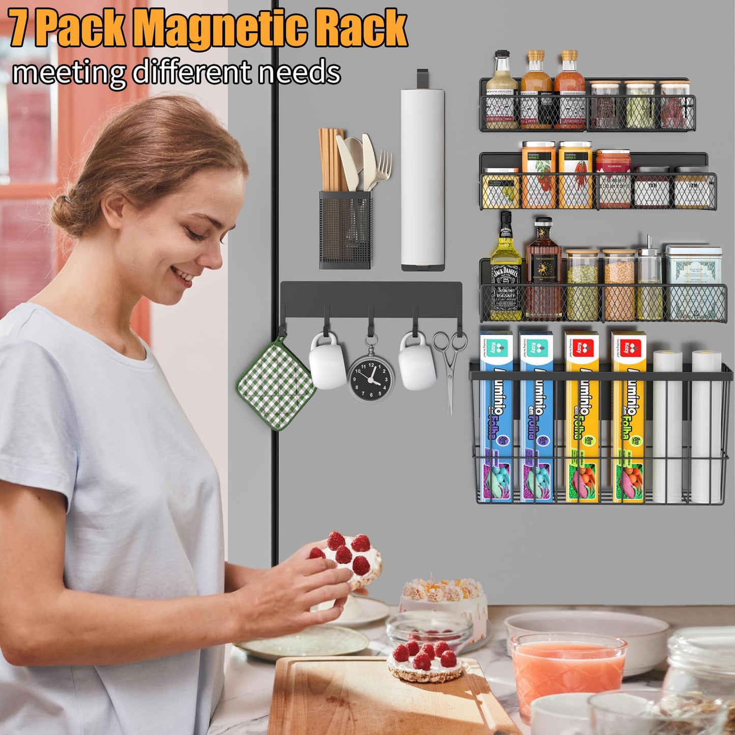 Magnetic Spice Rack for Refrigerator, 7 Pack Metal Magnetic Shelf, Moveable Magnetic Storage Fridge Organizer, Spice Organizer, Hook Rack, Paper Towel Holder, Utensils Holder, Cutting Board Holder