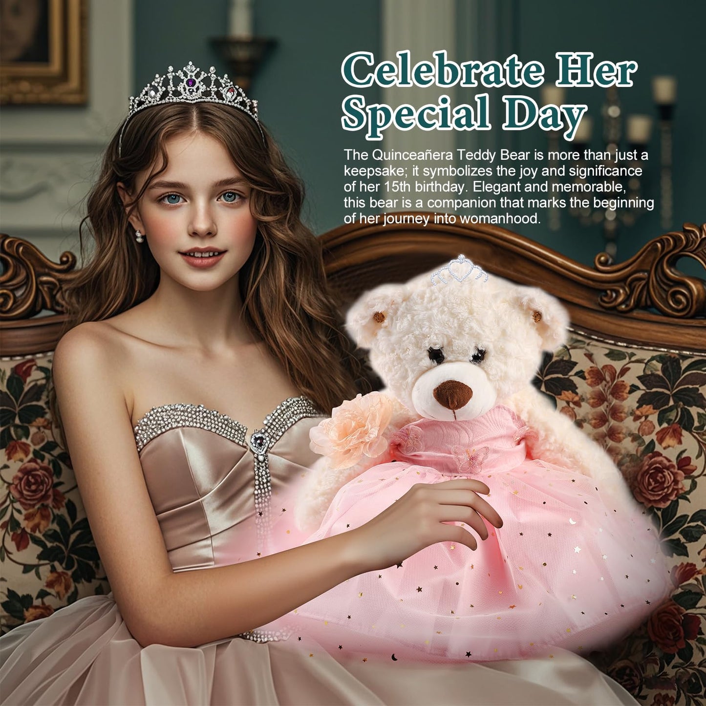 Cisina Quinceanera Doll Quince Teddy Bear with Dress,Quinceanera Decorations for Girls Gifts,OSO De Peluche para 15 Años Con Vestido,Centro De Mesa Muñecas para 15 Años Quinceañeras-Pink