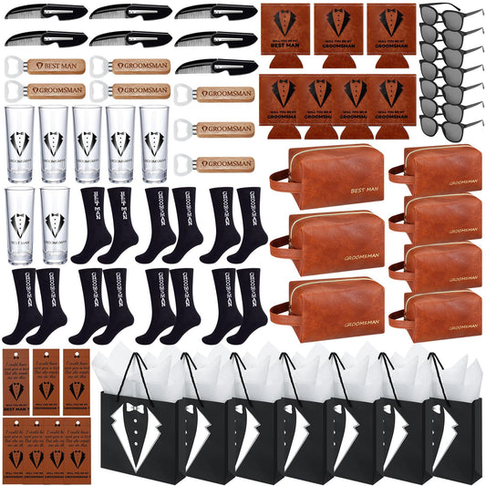 70Pcs Groomsmen Gifts Groomsmen Proposal Box with Shot Glasses Socks Sunglasses PU Leather Toiletry Bag Bottle Opener Can Cooler Groomsman Gifts for Wedding Groomsmen Best Man Gift (70, Brown)
