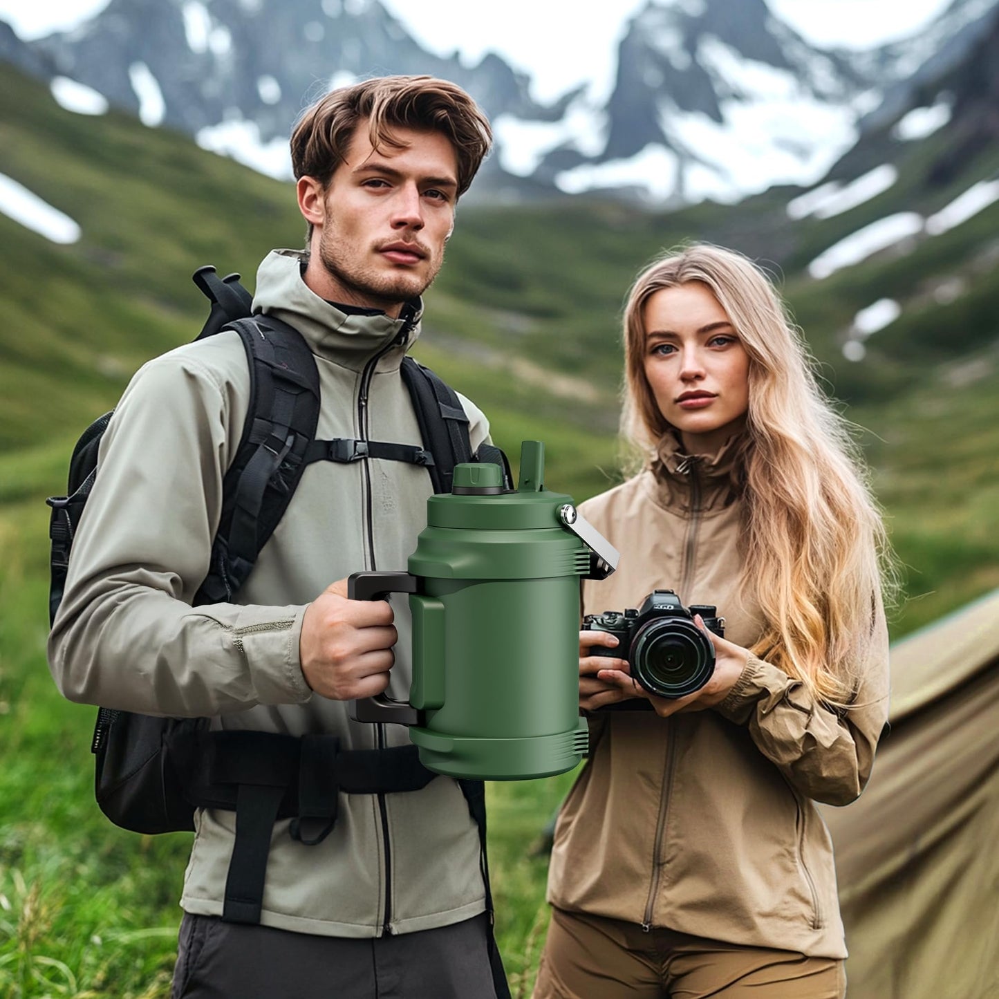 64 oz Insulated Water Bottle for Gym: 2-in-1 Straw Spout Lid, Dual Handle, Leakproof, Keep Cold 36H, Half Gallon Stainless Steel Water Jug for Travel, Hiking, Cycling, Park, Workout, Picnic (Midnight)