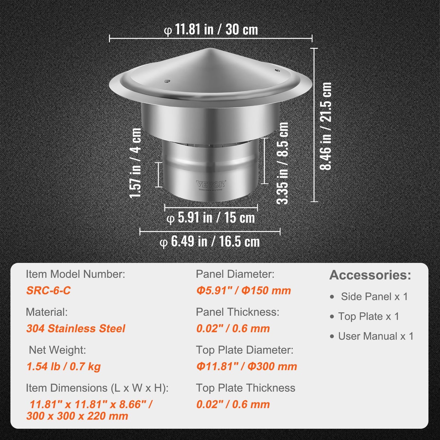 VEVOR 6 inch Chimney Cap - All-Weather Stainless Steel with Reinforced Hardware, Easy Installation Vent Cover for Outdoor Protection