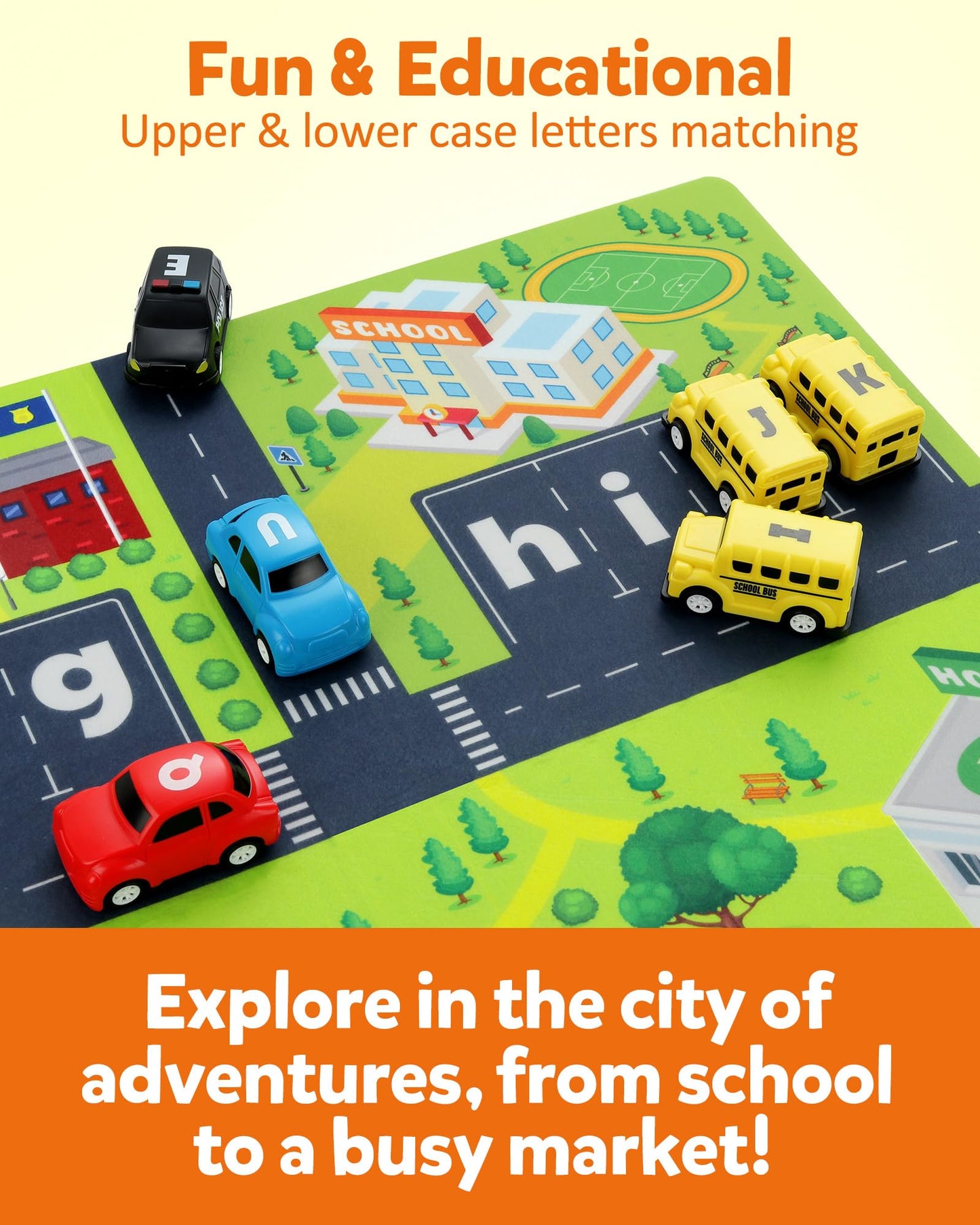 Coogam Alphabet Maze, 26pcs Pull Back Car with Play Mat Preschool Letter Matching Game for 3 4 5 Years Old, Educational Fine Motor Gift Toy for Toddler Kids