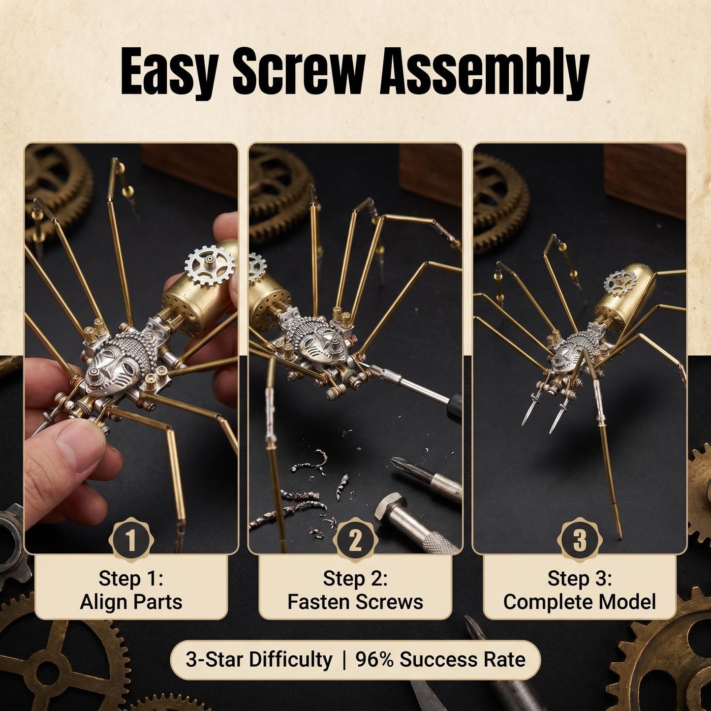 3D Steampunk Mechanical Insect Puzzle Kit - DIY Metal Assembly Model for Adults, Unique Retro Brass Sculpture Craft for Home Office Decoration (Frons Spider)