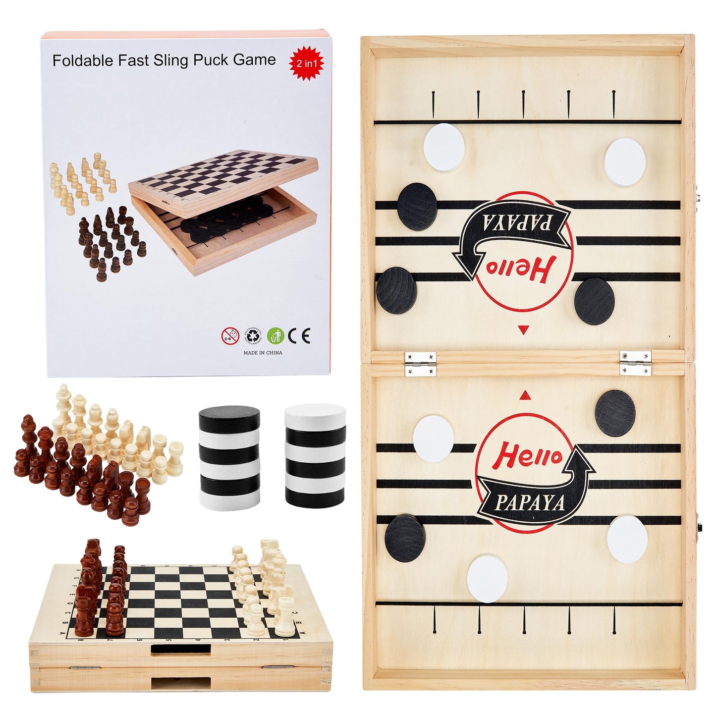 HELLO PAPAYA Foldable Fast Sling Puck Game with Chess Board and Checkers Board, Tic Tac Toe. Wooden Air Hockey Family Night,Table Games Gifts for Adults and Kids