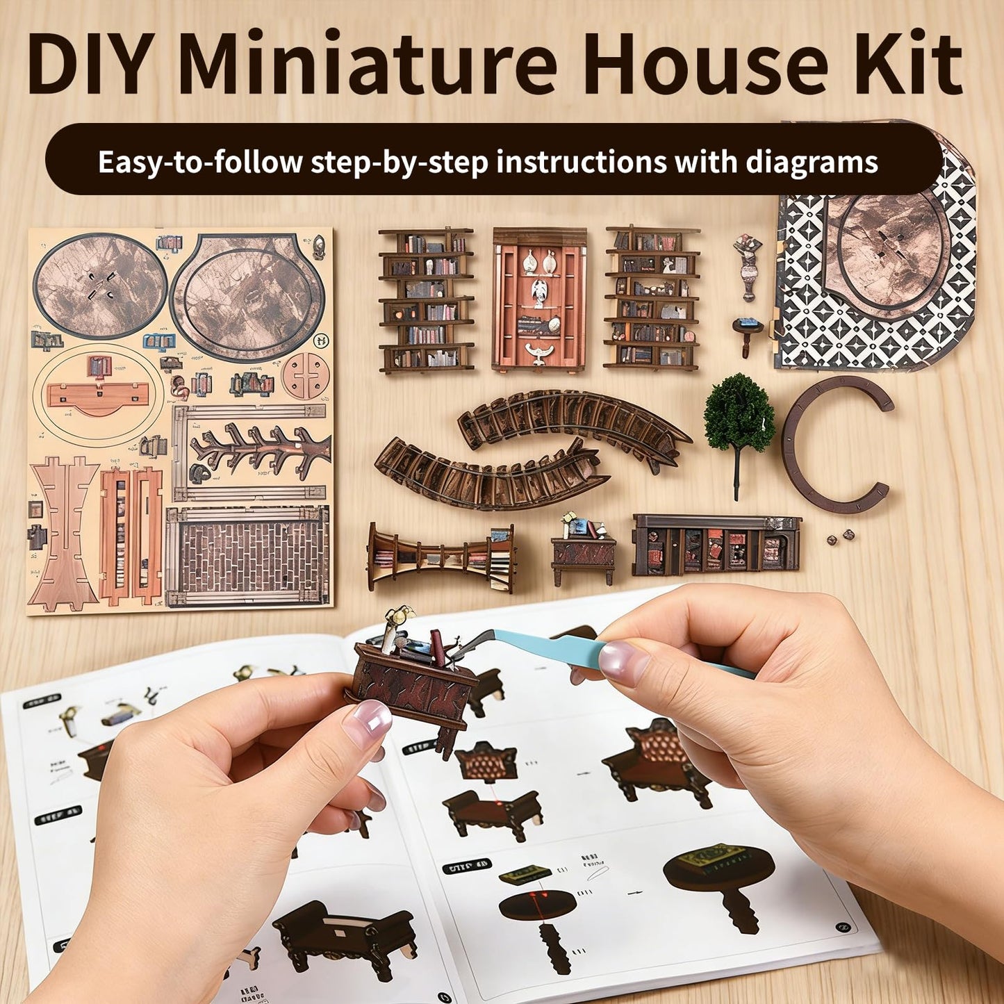DIY Book Nook Kits for Adults - BookNook Miniature House Kit with LED Light - Mini House Building Book Nooks Tales - 3D Puzzle Book Nook Library Diorama Kit for Teens Beginners - Dreamy Bookstore
