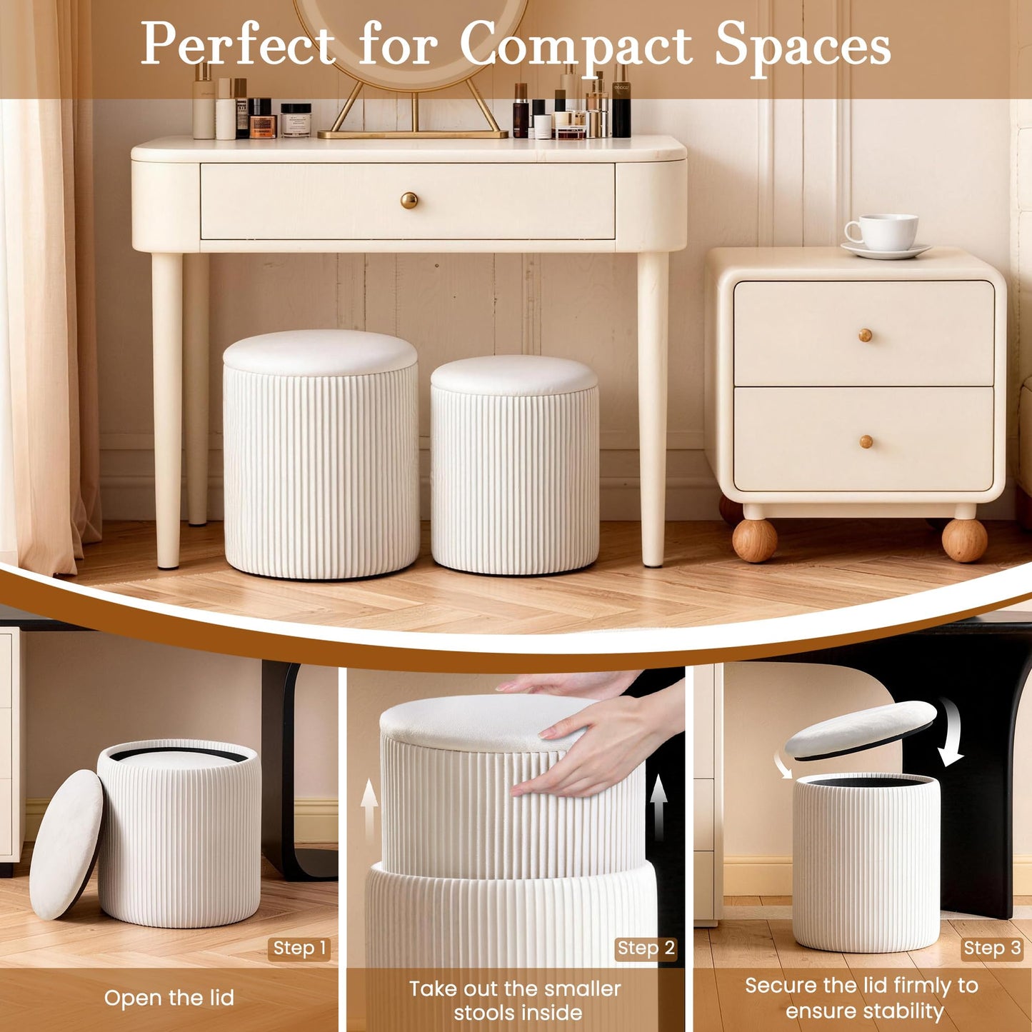 Canpsky White Vanity Stool Set of 2 - Round Storage Ottoman with Lid, Velvet Footrest Pouf for Makeup Room & Living Room, Multi-Use Small Chair with Hidden Storage（White）