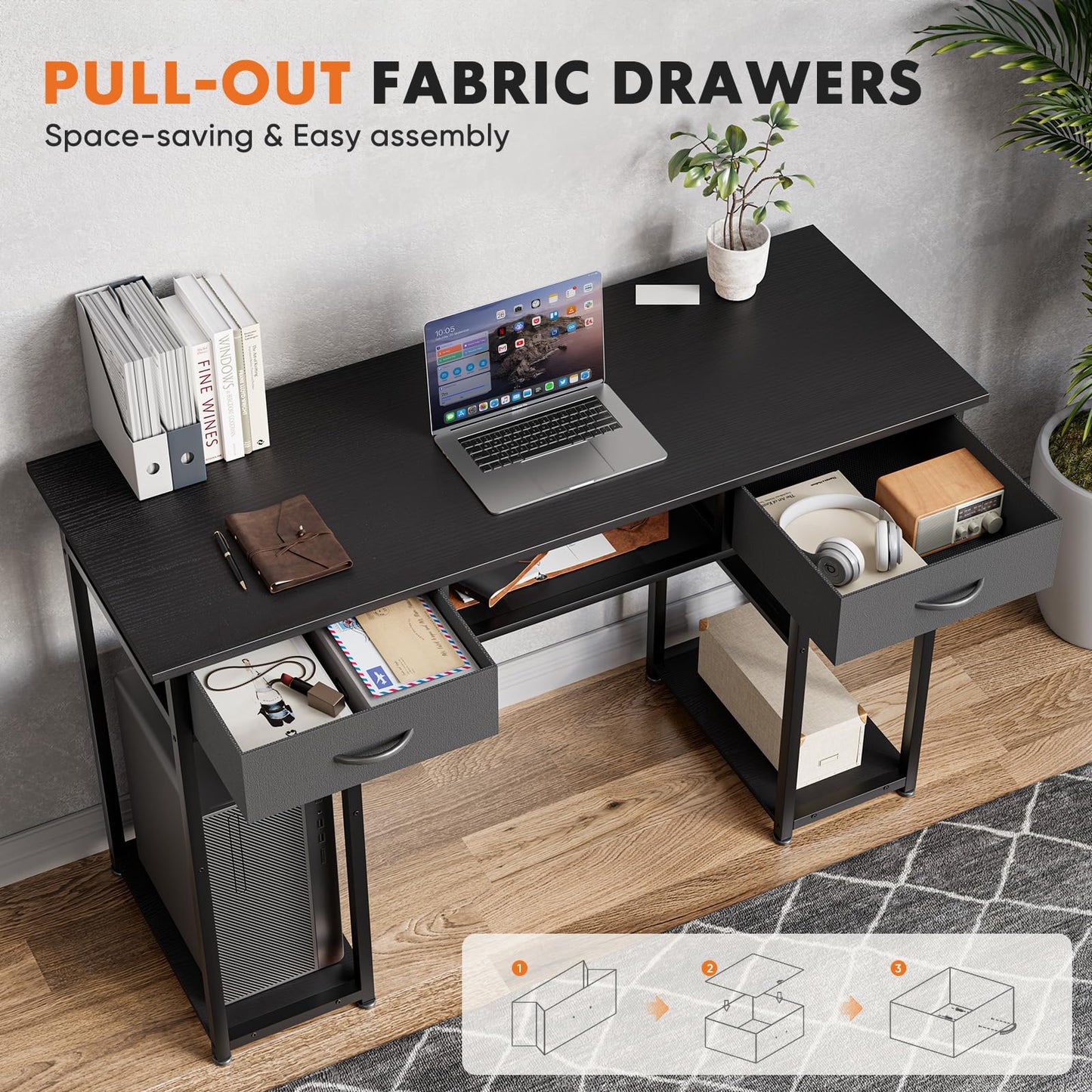 Sweetcrispy Computer Gaming Desk with Drawers- 48 Inch Home Office Bedroom Writing Study PC Table with Storage Shelves, Metal Frame Adjustable Feet, Pure Black