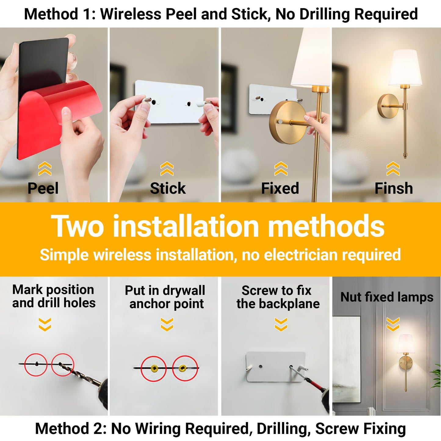 Vimhou Peel and Stick Wall Sconces, Stick On Wall Sconce Set of 2, Battery Operated Wireless Wall Light, No Drill Adhesive Wall Lamp, Corn Bulb with 10000mAh Rechargeable Battery, Bedroom Wall Decor