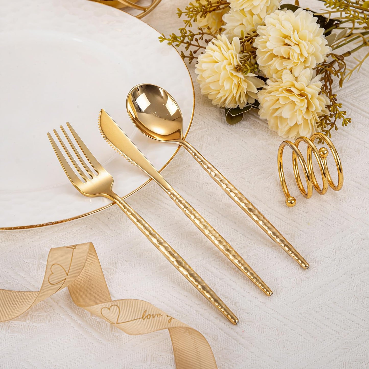 WILLIFE 300 Pcs Gold Plastic Silverware -Heavy Duty Plastic Silverware Includes 100 Forks 100 Spoons 100 Knives, Gold Silverware Set for Party, Wedding, Catering & Holidays