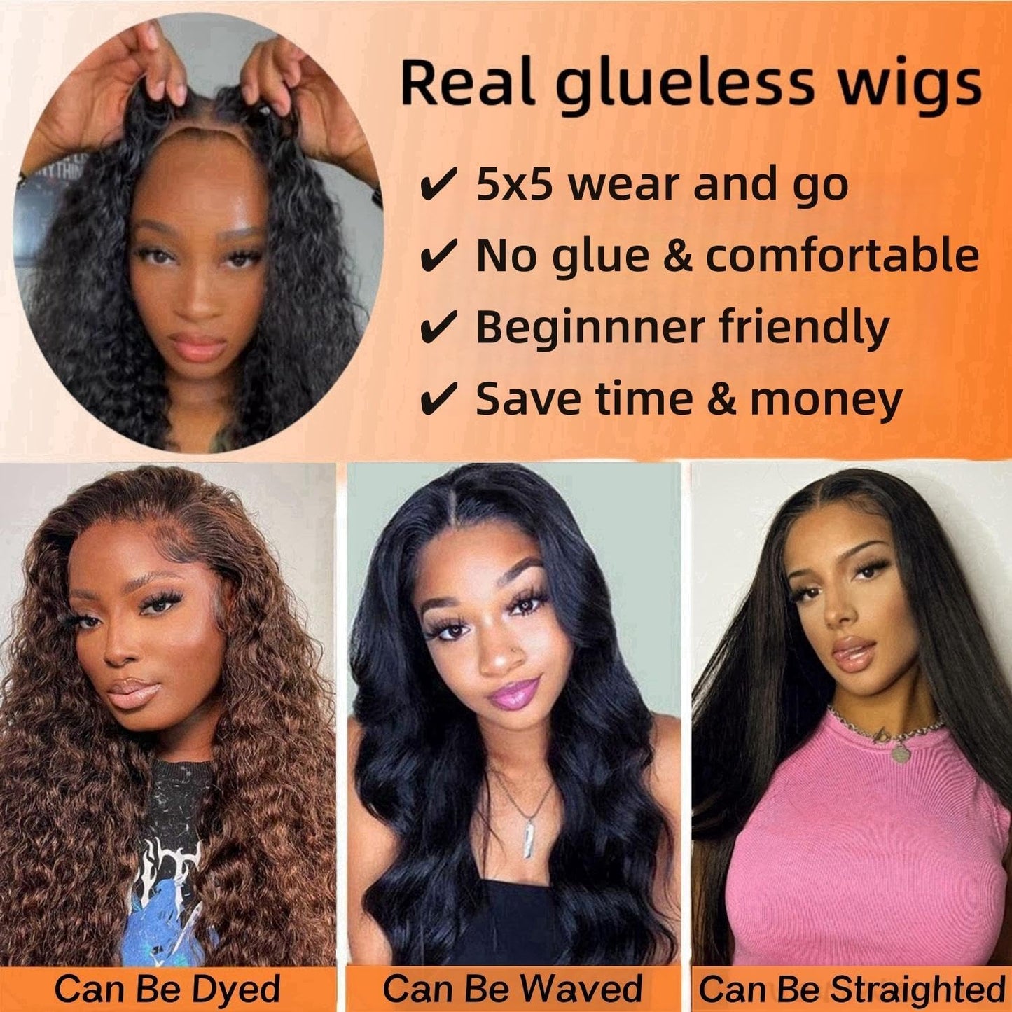 ONICE Wear And Go Glueless Wigs Human Hair Pre Plucked Pre Cut 5x5 HD Lace Closure Human Hair Wigs For Black Women Upgraded No Glue Deep Wave Lace Front Wigs Human Hair(Black,24Inch)