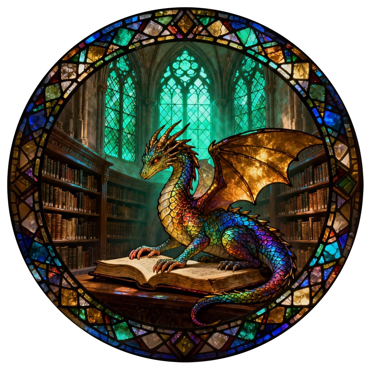 Gothic Revival Library Dragon Wooden Jigsaw Puzzle for Adults - 300 Pieces, 13.4" x 13.4" - Unique Dragon & Book Art, Creative Gift & Fun Family Game