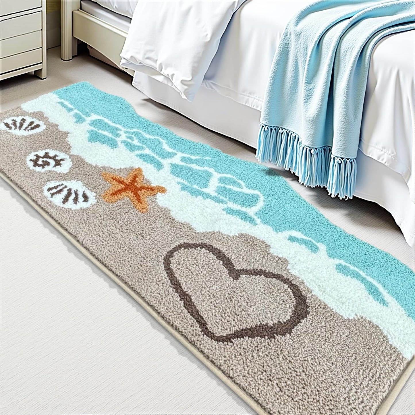 Beach Bathroom Rugs Soft Absorbent Ocean Wave Bath Mat with Non-Slip Backing Coastal Decor for Bathroom Kitchen Entryway, Blue Sea Design with Starfish Shells Pattern Bath Decor(C, 28"x59")