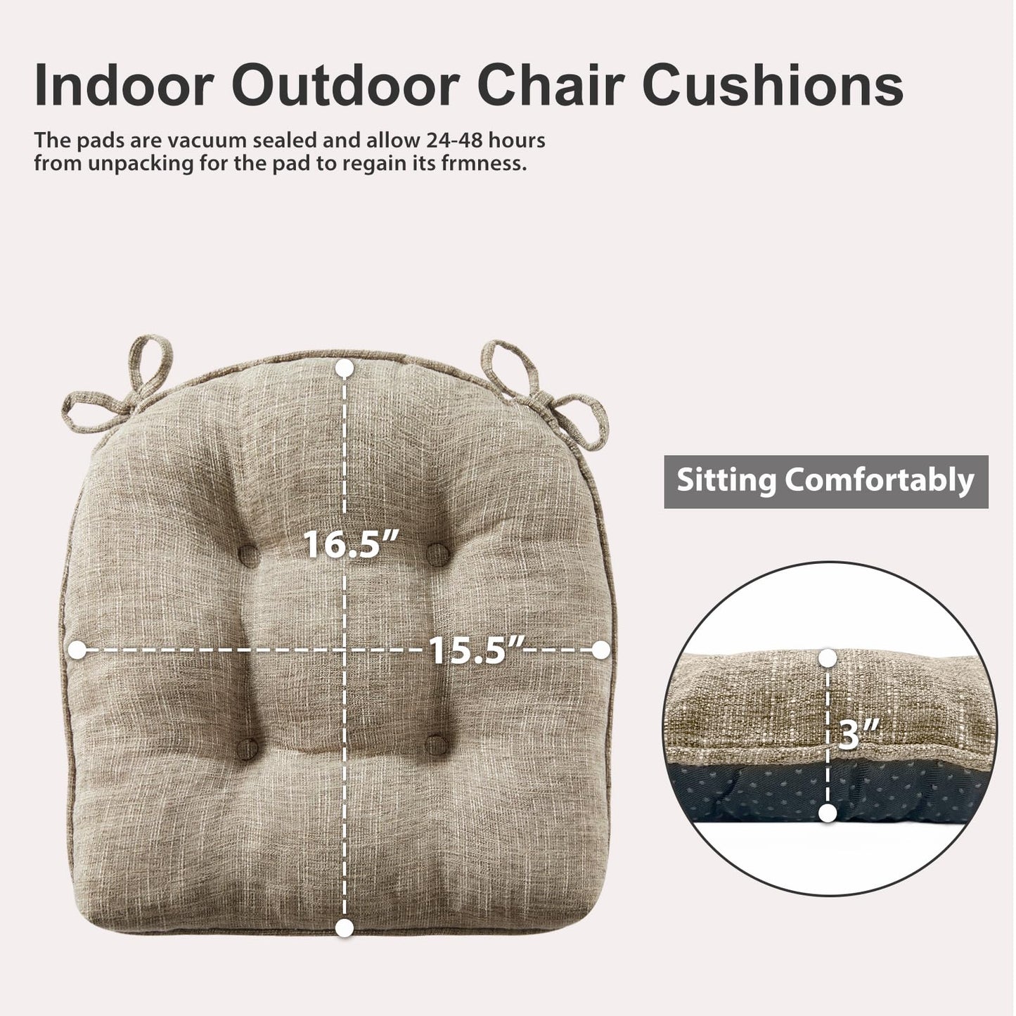 Quilmfoam 16.5"x15.5" Kitchen Chair Cushions Set of 4 for Dining Chair, Soft Tufted Non-Slip Memory Foam Seat Cushion with Ties for Indoor Kitchen Dining Furniture, Khaki