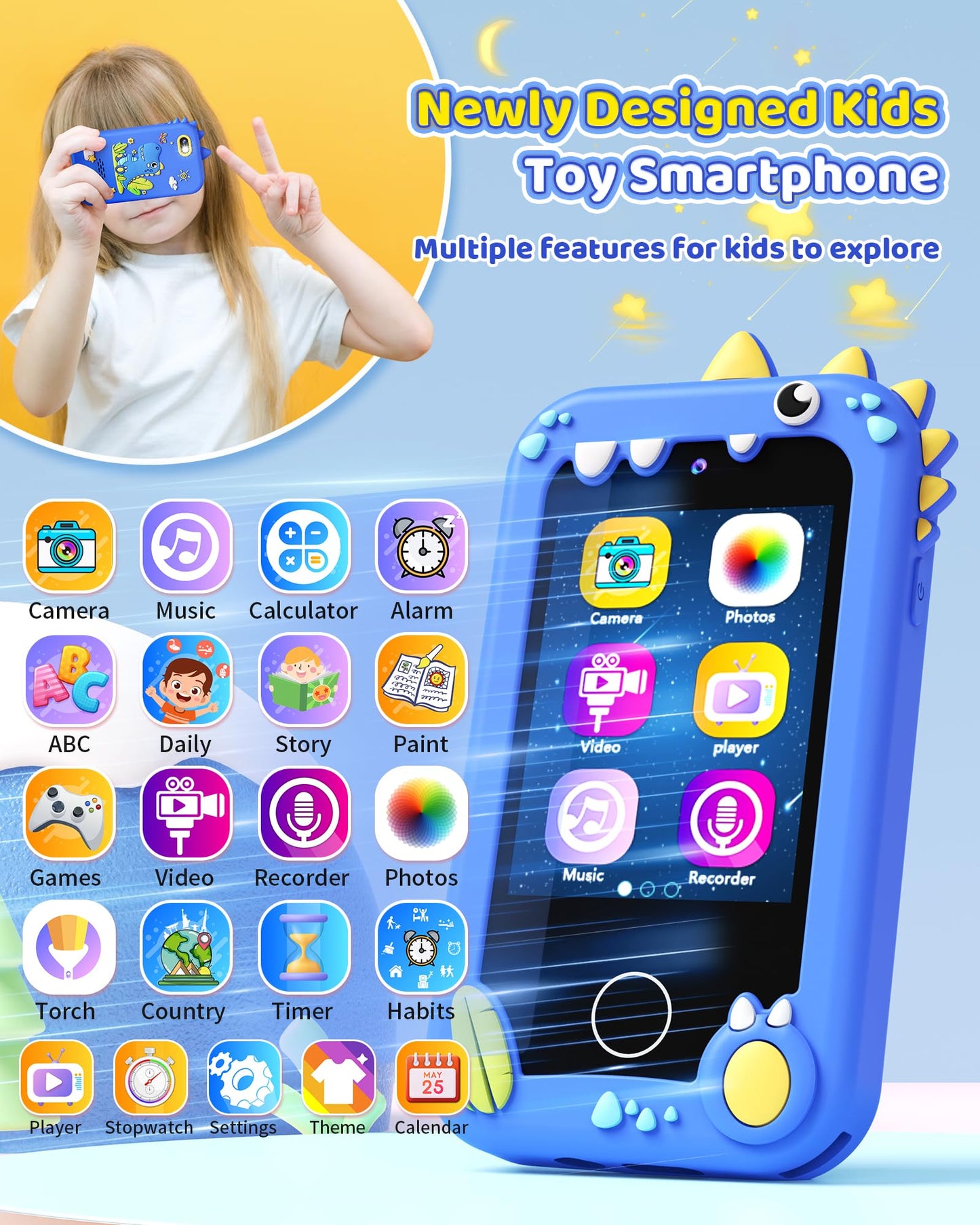 Kids Toy Smartphone, Gifts and Toys for Boys Ages 3-8 Years Old, Fake Play Toy Phone with Music Player Dual Camera Puzzle Games 8GB SD Card Touchscreen, Birthday, Kids Trip Activities