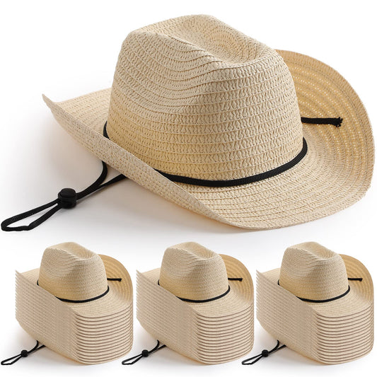 48 Pcs Kids Cowboy Hat Bulk Western Party Straw Cowboy Cowgirl Sun Hat Set with Lanyard for Children Boy Girl Party Costume Accessories