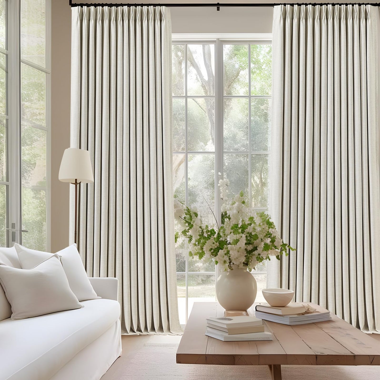 IVAPUPU Natural Pinch Pleated 100% Blackout Linen Curtains 90 Inch Length for Bedroom, Black Out Pinch Pleat Curtains for Living Dining Room Darkening Thermal Insulated Drapes with 16 Hooks, 2 Panels