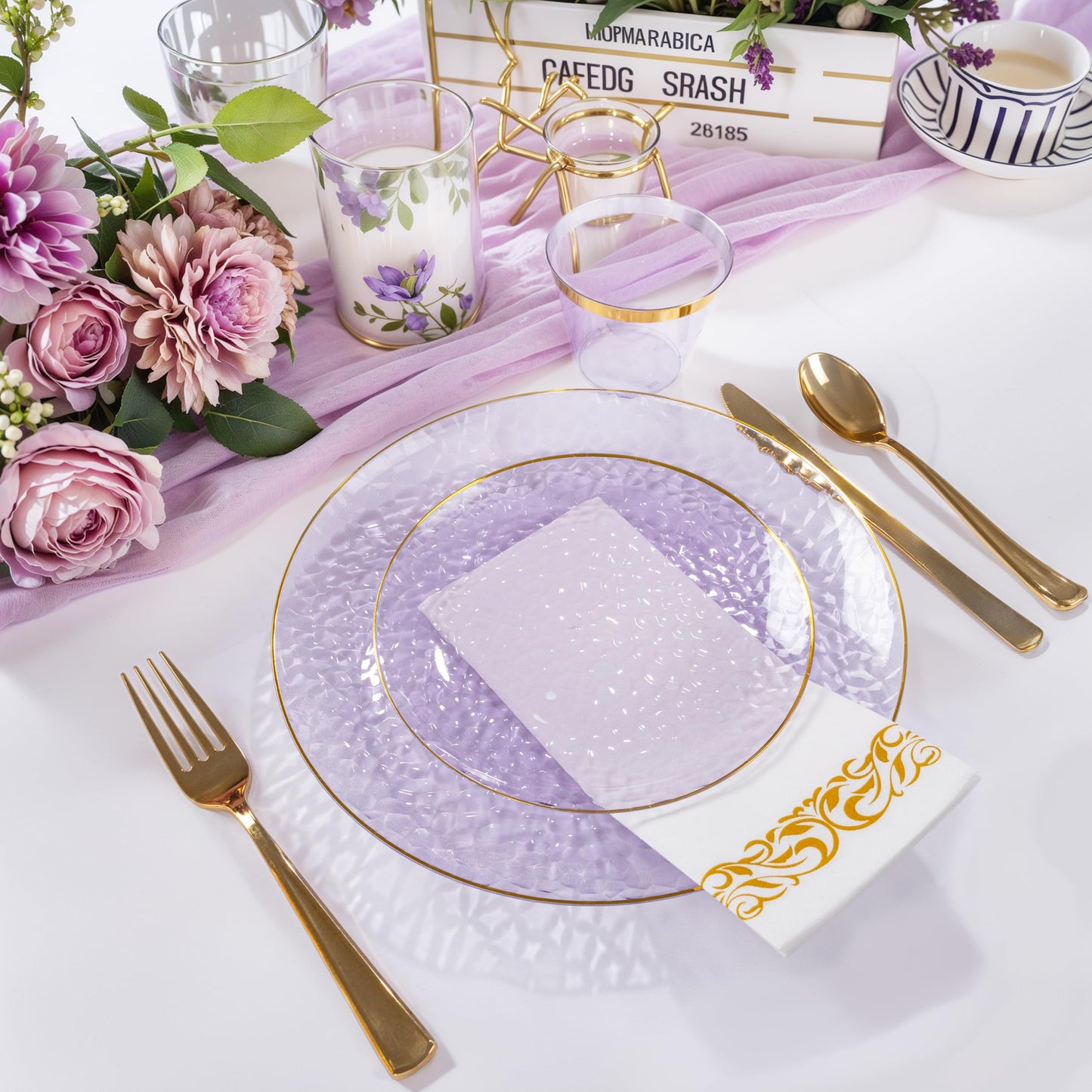 Rubtlamp 175 Pcs Purple Plastic Dinnerware Set (25 Guests), Clear Purple Plates With Gold Rim, Hammered Party Platos, Plates And Cups And Napkins Sets for Wedding, Party&Graduation