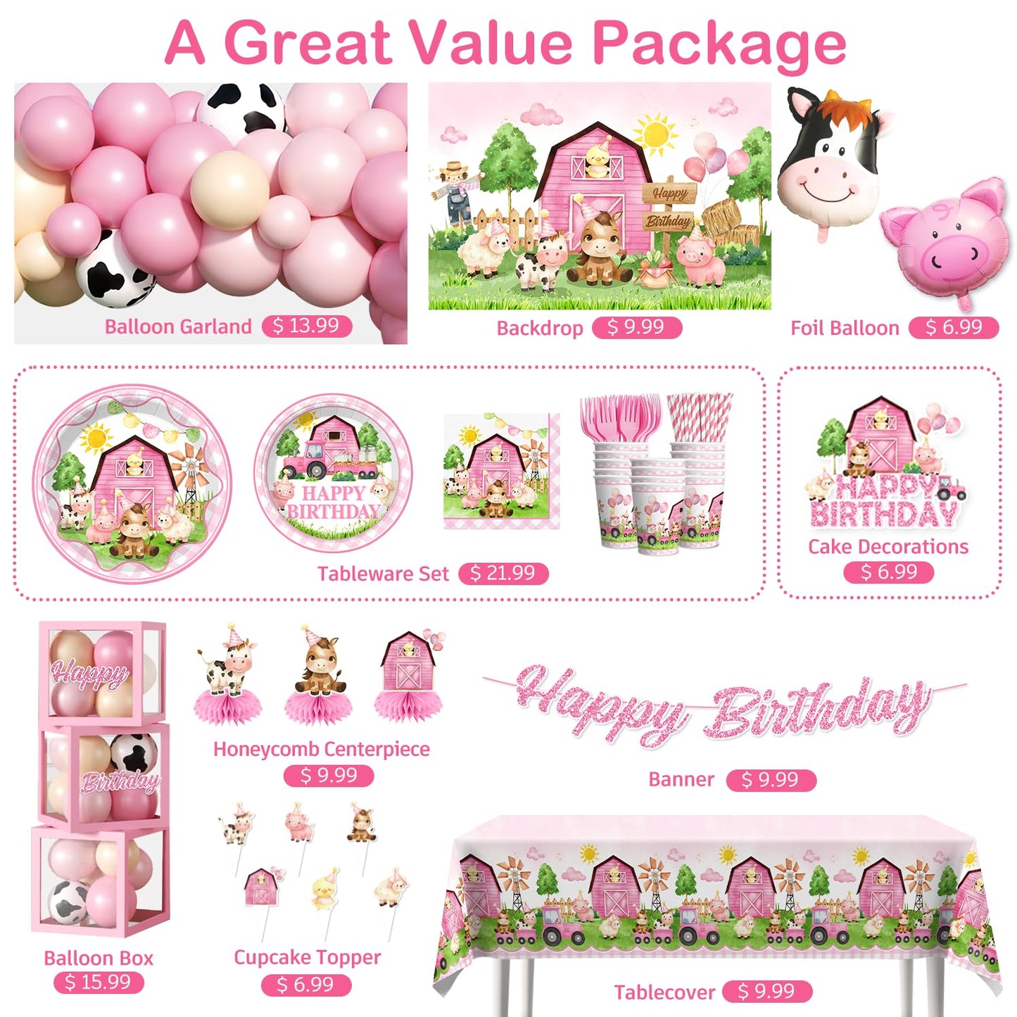Fexivo 313pcs Farm Birthday Decorations for Girl, Worry-free One-stop Set for 25 Guests, with Thick Plates Banner Centerpieces and Cupcake Toppers, Easy Setup for Farm Themed Party