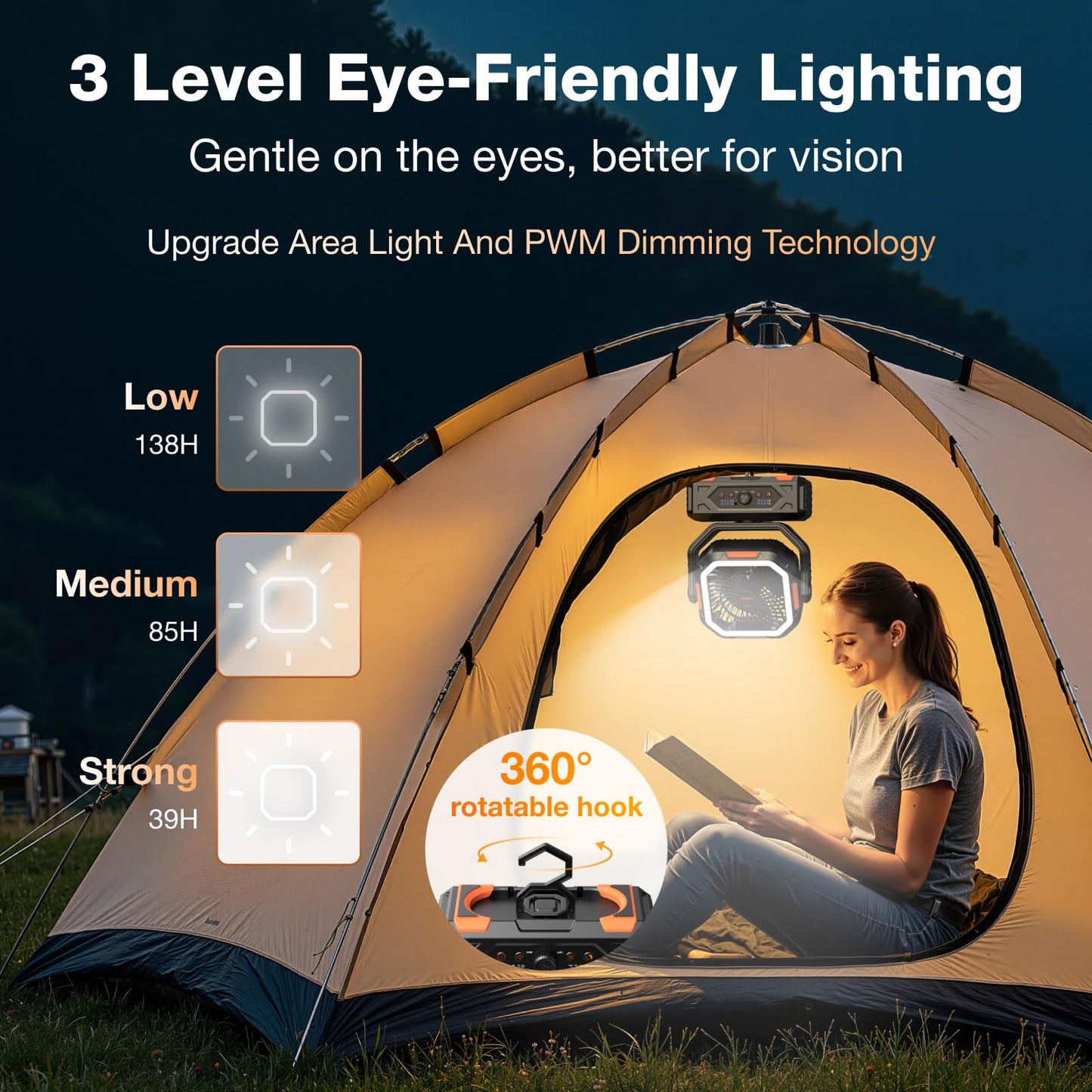 OGERY Camping Fan, Portable Fan Rechargeable with 20000mAh Battery, Stepless Speed Control, Fast Charging, Remote & LED Lantern for Tent, Travel, Car Camping, Camping Essentials