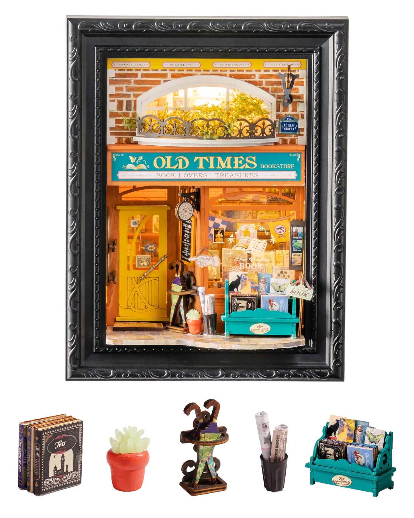 Rolife DIY Miniature House Kit Creative Frame 3D Wall-Mountable Dollhouse Mini Room Building Set Holiday Home Decor Craft for Adults (Old Times Bookstore)
