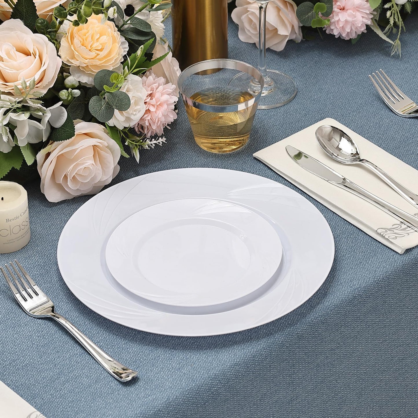 VajilaPhil 350-Piece White Swirls Plastic Dinnerware Set for 50 Guests, Elegant Disposable Dinnerware for Party, Wedding. Includes 10.25" Dinner Plates, 6.5" Dessert Plates, Silverware, Napkins, Cups