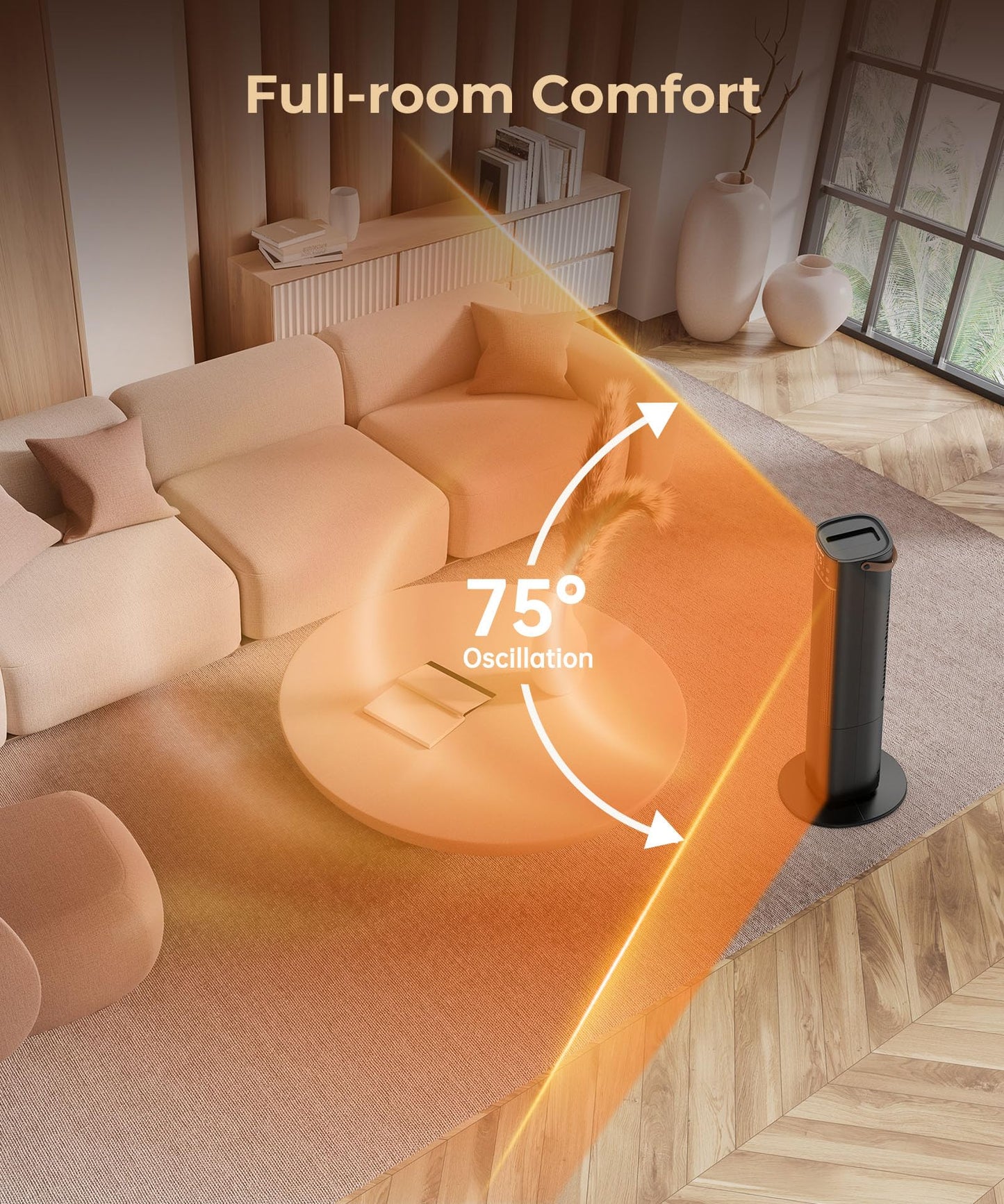 Abolee Space Heaters Indoor Use, 26" 12ft/s Electric Heater with Remote, 1500W Tower Heater with 75°Oscillation, 1-12H Timer, PTC Electric Heater for Large Room, Bedroom Home Office