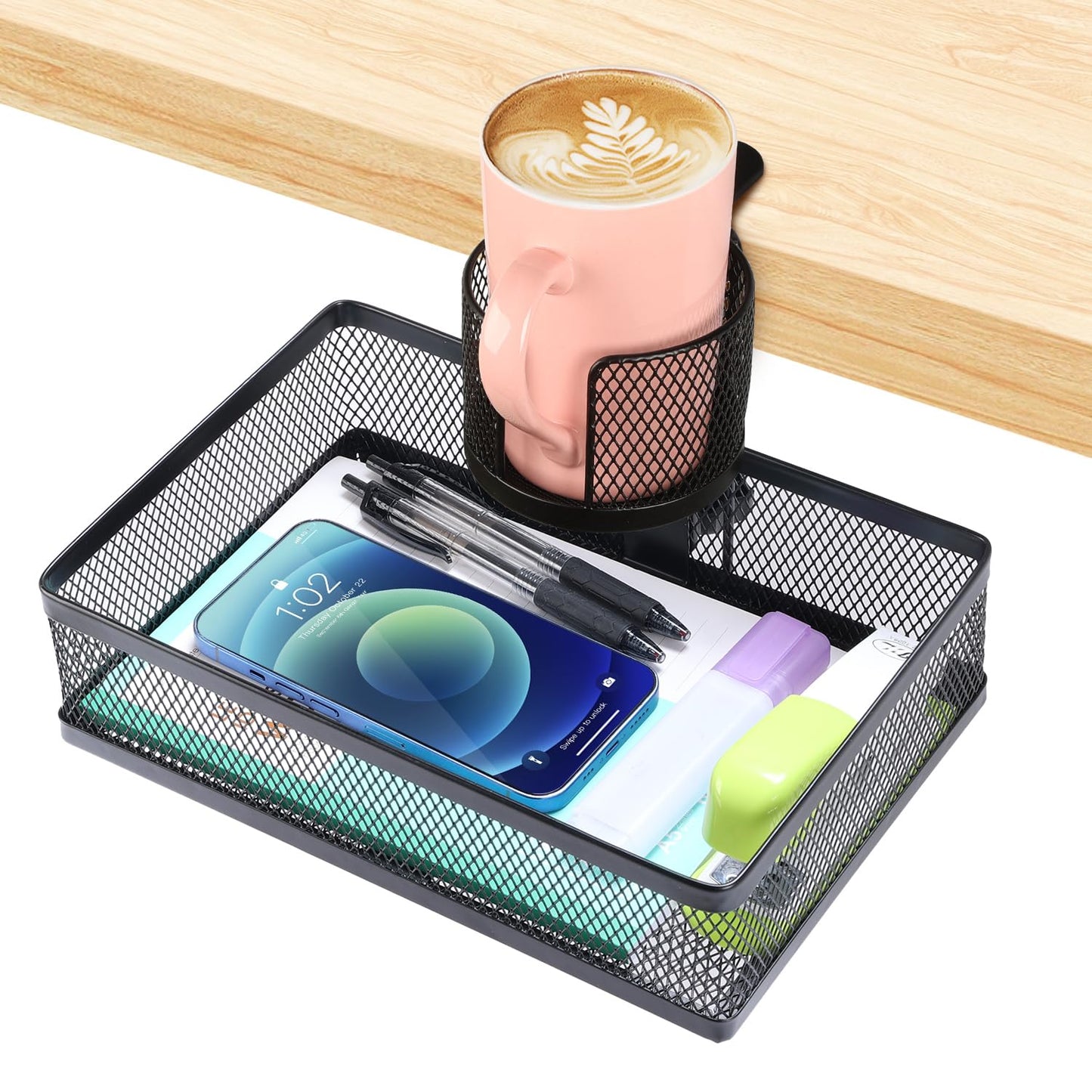 ROSYLINE 360°rotation under desk drawer, Drawer Under Desk Storage Organizer, Rotary Desk Storage Organizer with Cup Holder, Clamp Drawer Basket, sturdy and durable (black)