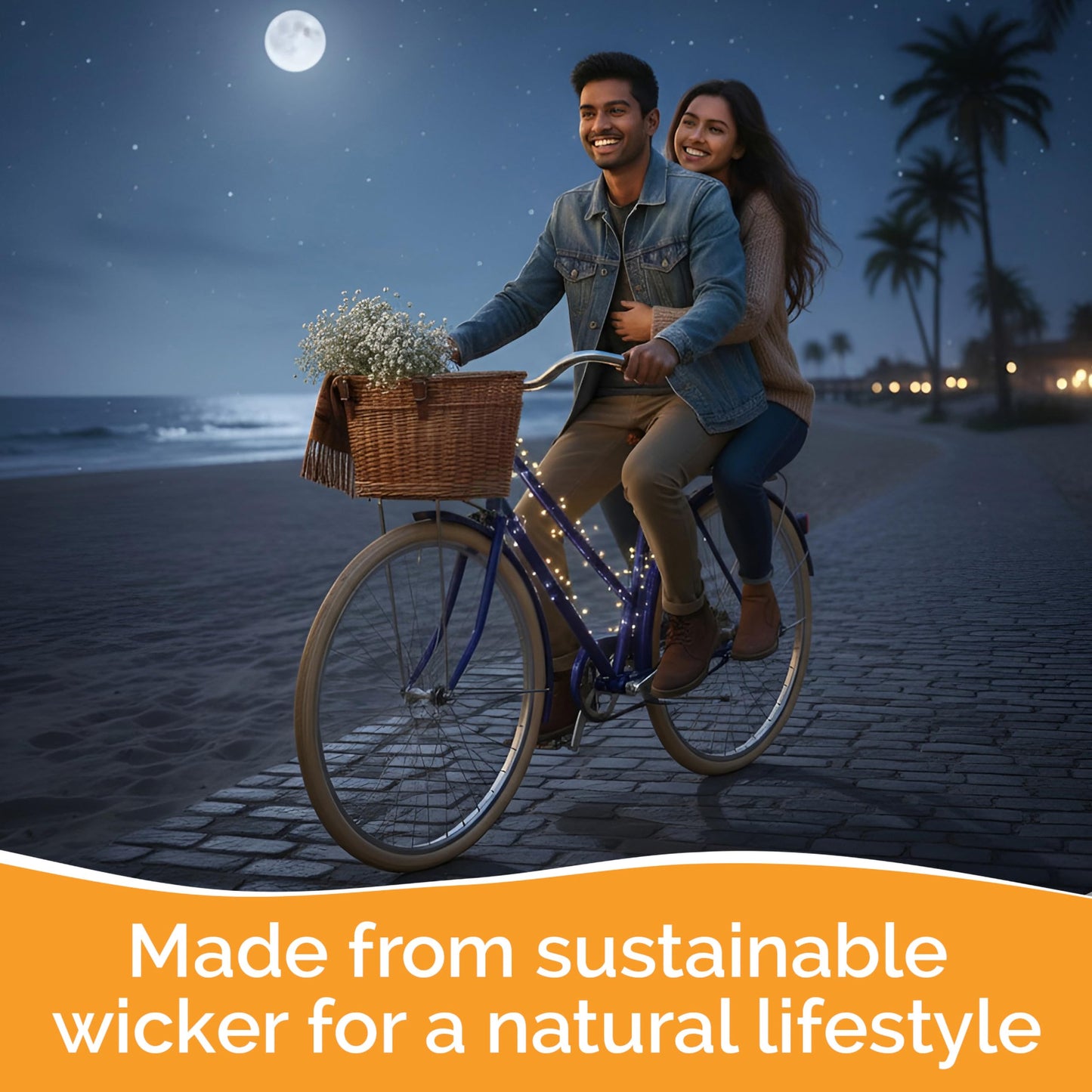 Wicker Front Bike Basket Cargo for Men and Women – Fits Most Bicycles, Beach Cruisers and Ebikes, Lightweight Bicycle Storage Basket with Adjustable Straps, Light Brown