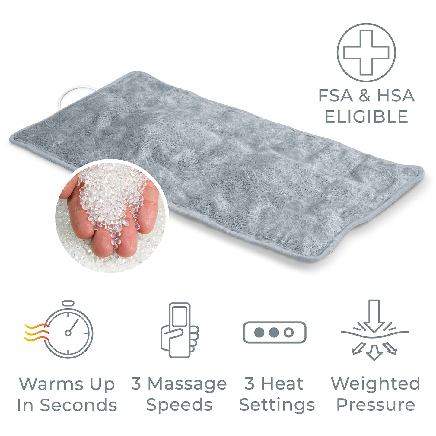 Pure Enrichment WeightedWarmth 3-in-1 Heating Pad - 3 InstaHeat™ Settings, 3 Massage Speeds & 4.1 lbs of Weighted Pressure for Menstrual Cramps, Shoulder, Neck & Back Pain - 12” x 24” (Steel Gray)