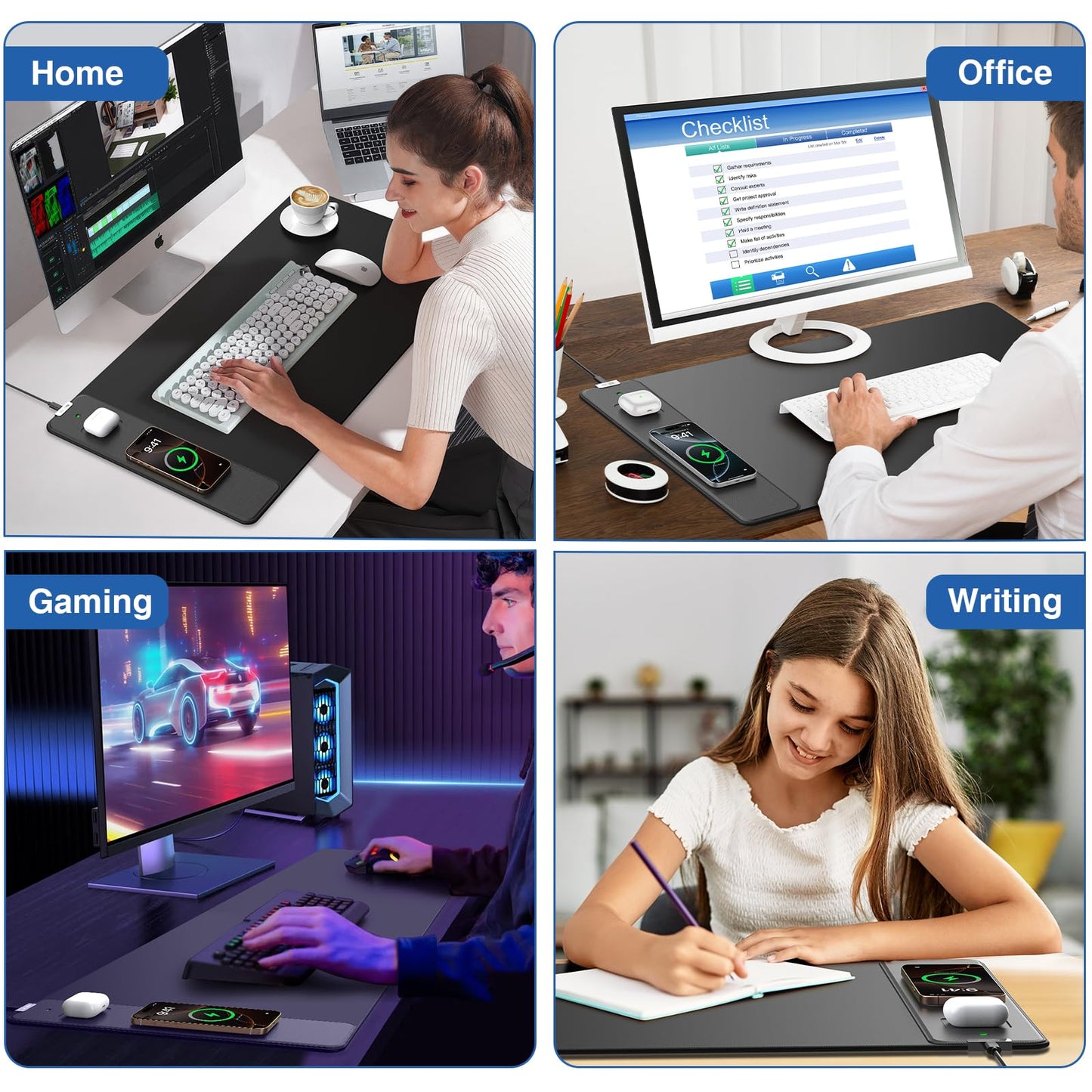 Mouse Pad with Magnetic Wireless Charger, 31.5"x15.8" Large Gaming Desk Mat, Non-Slip Base, Waterproof Ultra-Smooth Keyboard Pad for Gamer, Office & Home, Black