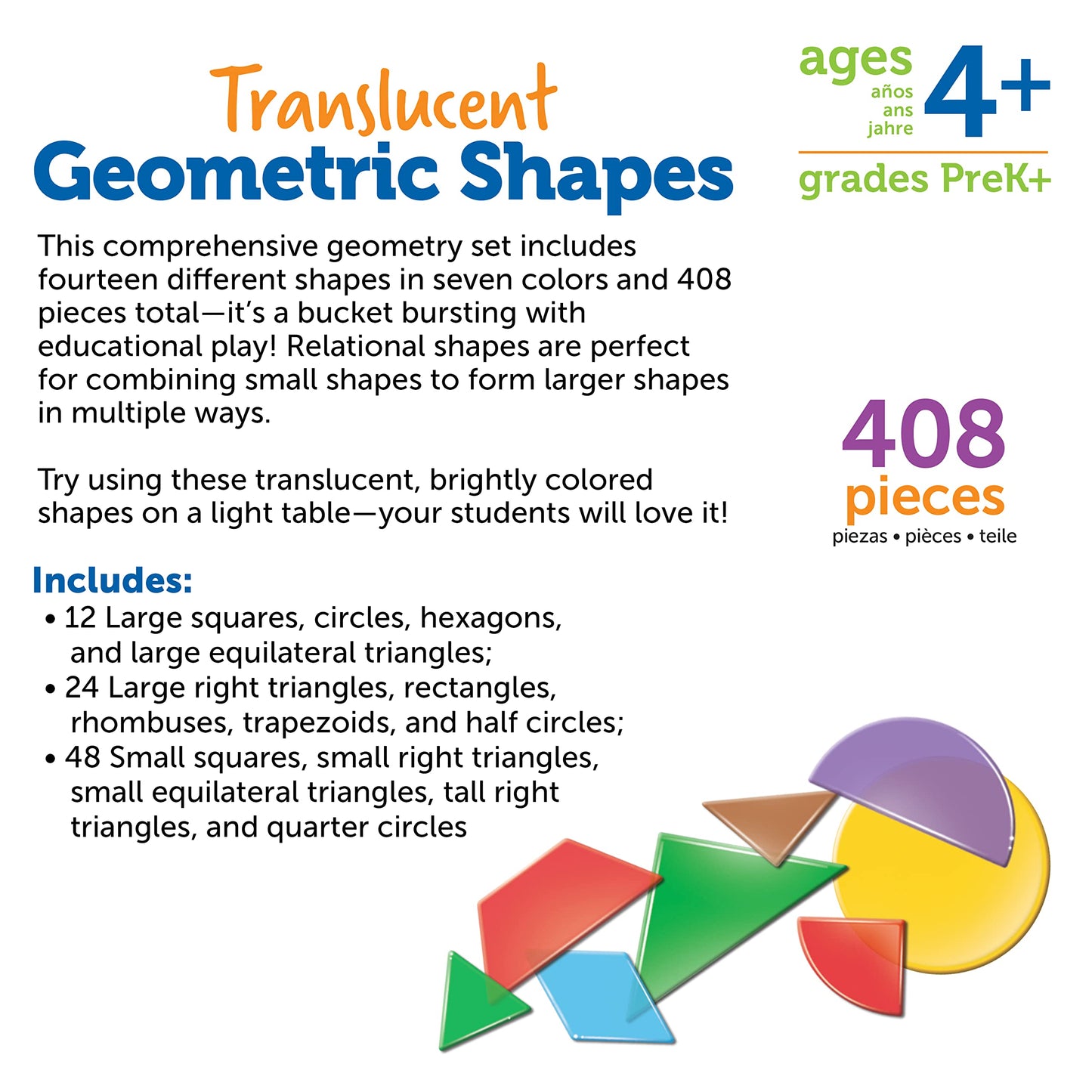 Learning Resources Translucent Geometric Shapes - Light Table Manipulatives for Kindergarten, Early Math Toys, Translucent Pattern Blocks for Classroom and Homeschool, Teacher Must Haves