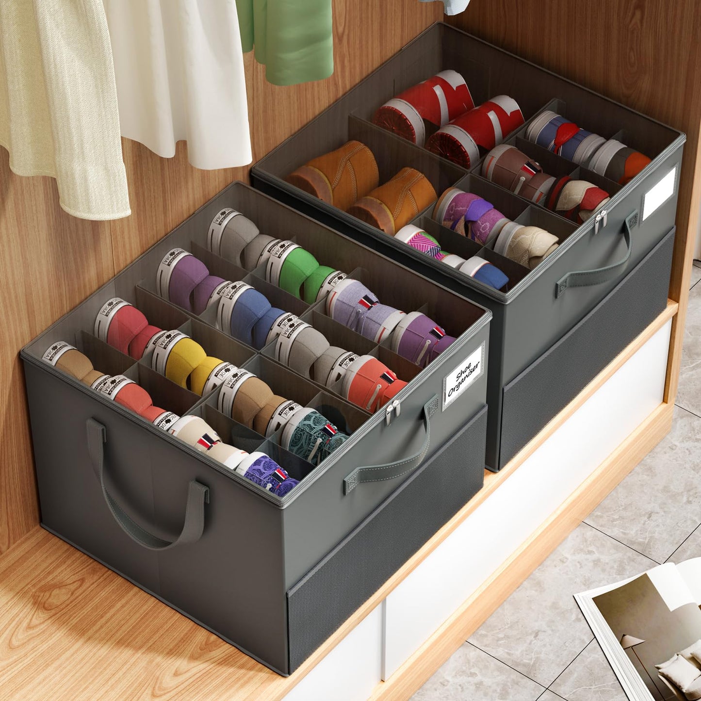 NestOrganix 2 Pack Shoe Organizer for Closet, Large Shoe Box Storage Containers, Foldable Shoe Storage Organizer Box Bin with Adjustable Dividers and Clear Cover, Space Saving Shoes Holder, Gray