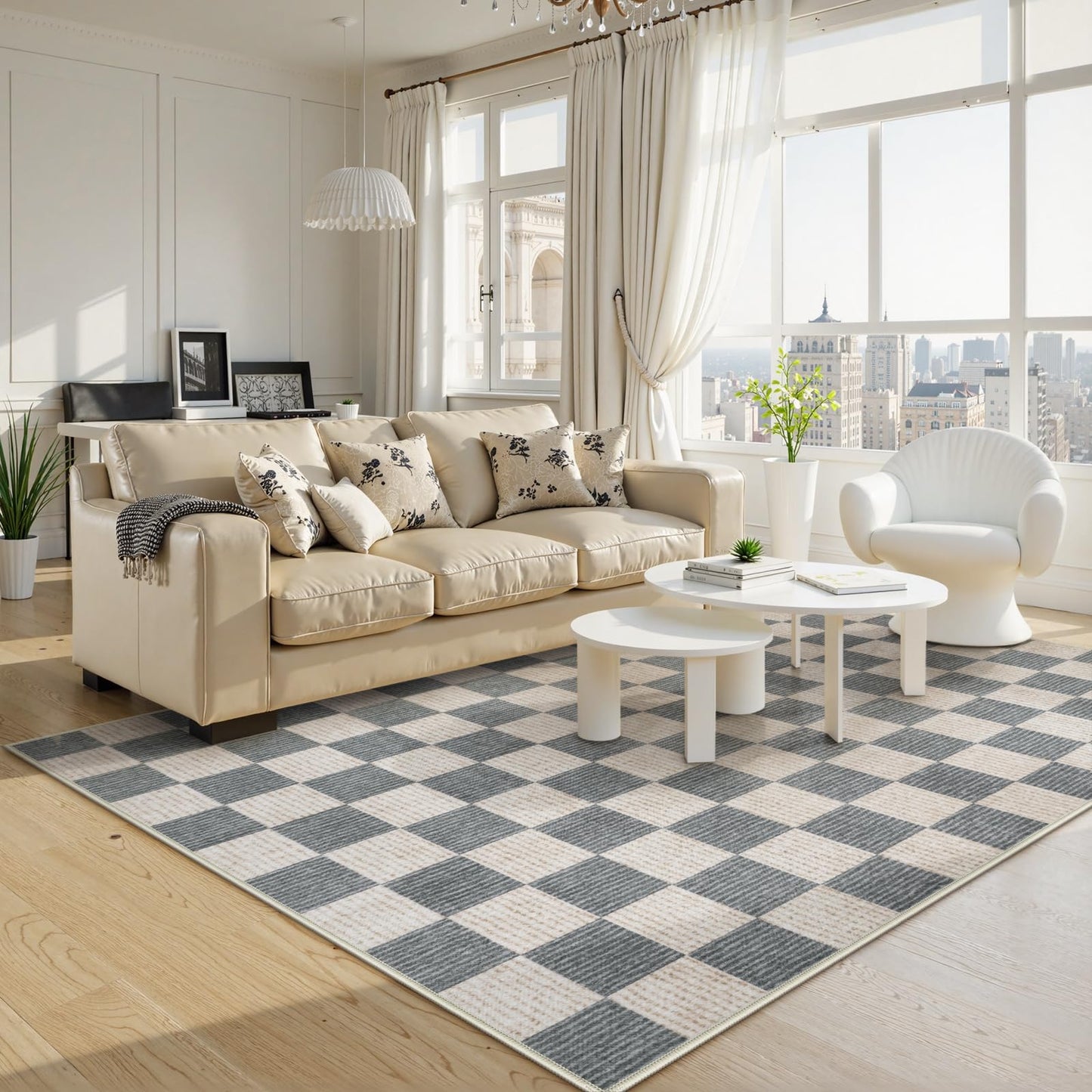 Machine Washable 5x7 Area Rugs for Living Room Checkered, Non Slip Soft Low Pile Geometric Modern Neutral Playroom Rugs for Bedroom Indoor, Large Carpet Rugs for Dining Room Kitchen(Grey, 5'x7')