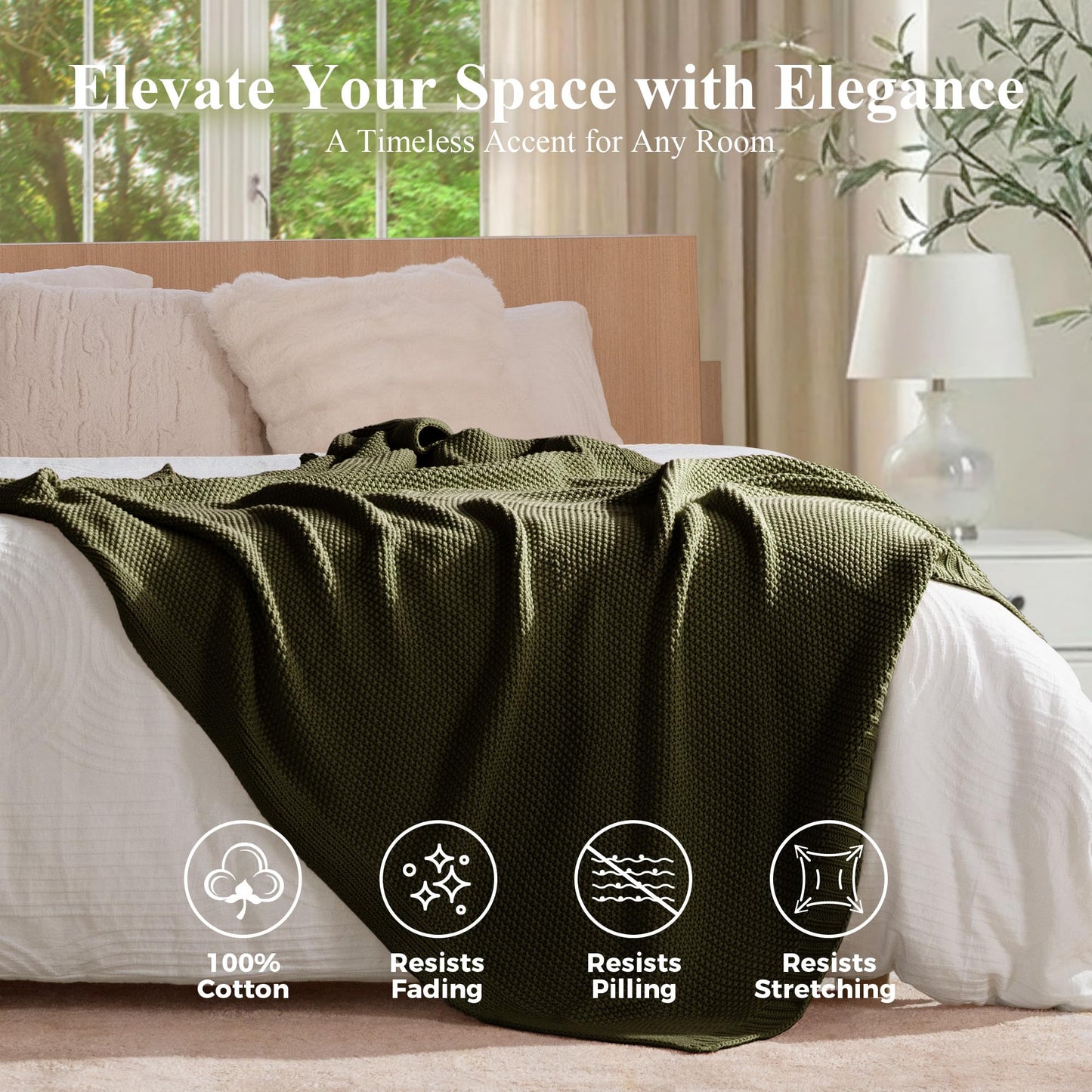 blunique 100% Cotton Cable Knit Throw Blanket, Lightweight Soft Knit Blanket for Sofa Couch Bed, Breathable All-Season Throw, Cozy Decorative Blanket, 50 x 60 Inch,Olive Green