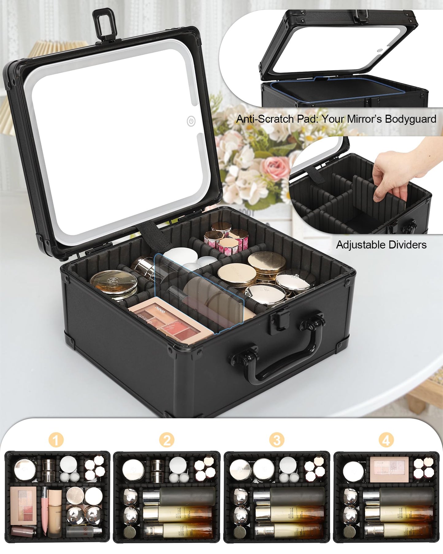 Makeup Box with LED Mirror, Waterproof Travel Train Case, Cosmetic Organizer Bag Portable Aluminum Cosmetic Bag with Adjustable Dividers and Detachable Mirror, Makeup Brush Holder Storage Black