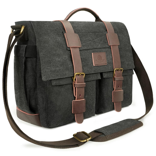 densata Messenger Bag for Men,13-14-15.6 Inch Laptop Bag, Vintage Abrasion-resistant Canvas Satchel Bag, Leather Briefcase for School Work Travel (Black)