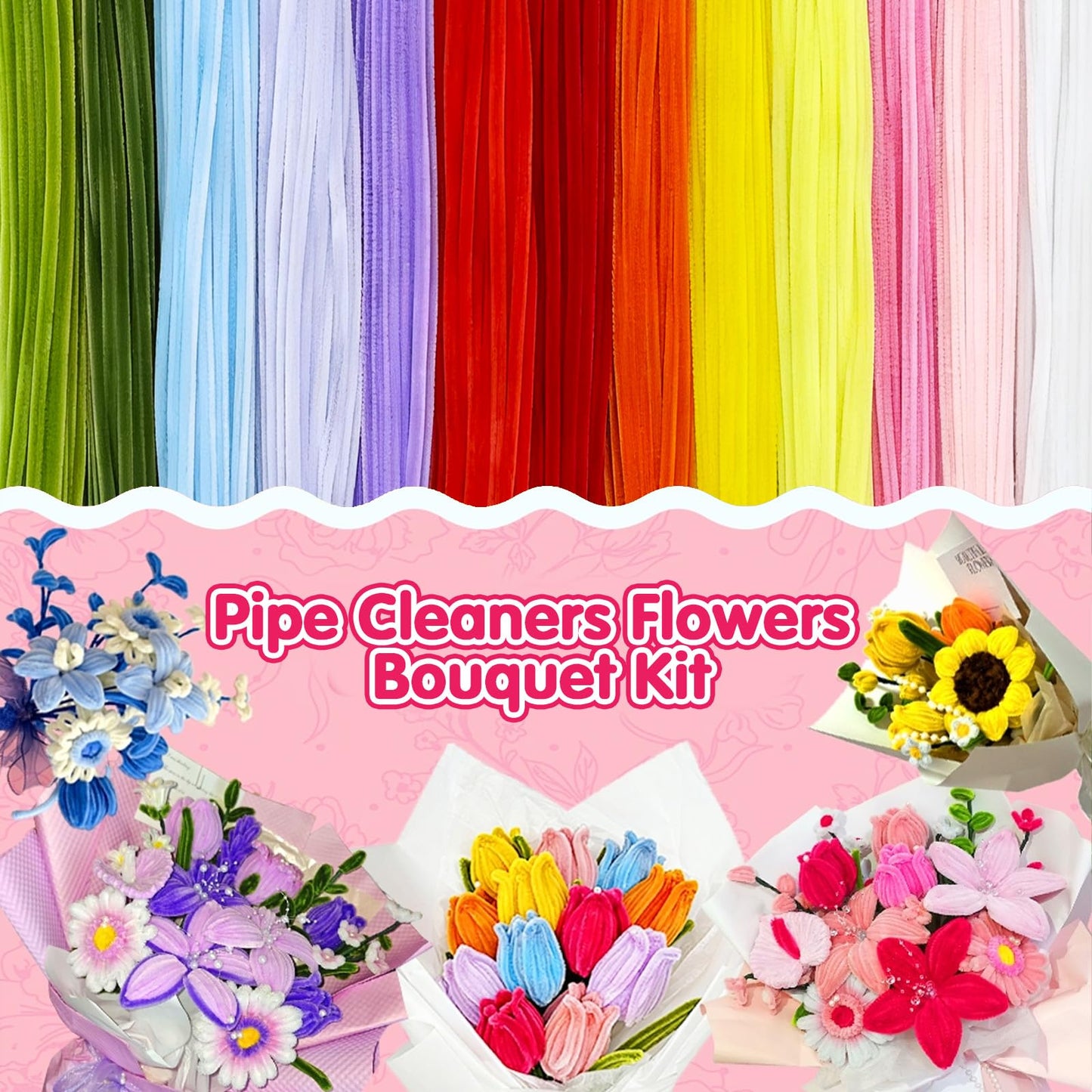 URADIART 650pcs Pipe Cleaners Craft, Bulk Pipe Cleaner Flower Kit,13 Colors Chenille Stems Limpia Pipas para Manualidades with Instruction Accessories for Floral Arrangements,Art and Craft Projects