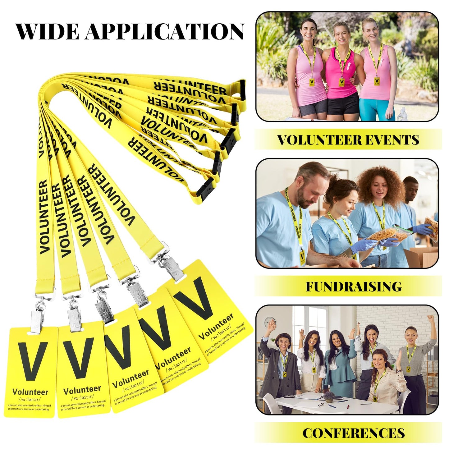Fulmoon 50 Sets Volunteer Lanyards Bulk Breakaway Volunteer Lanyards and Badges with Clips for Event Fundraising Donation Activities